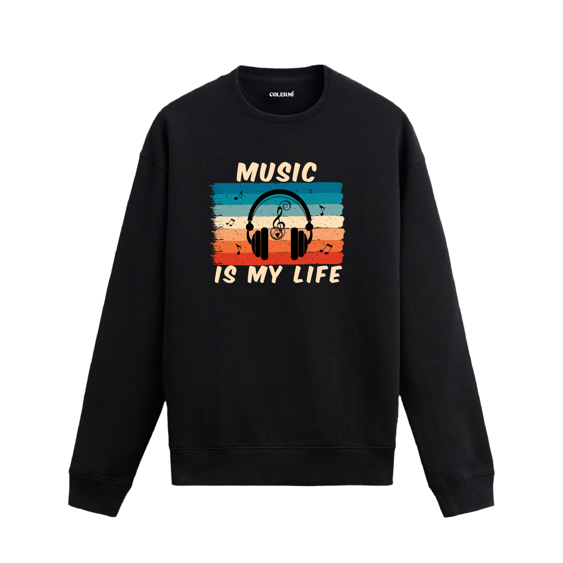 Retro müzik hayattır yazılı, kulaklık ve nota baskılı sweatshirt.