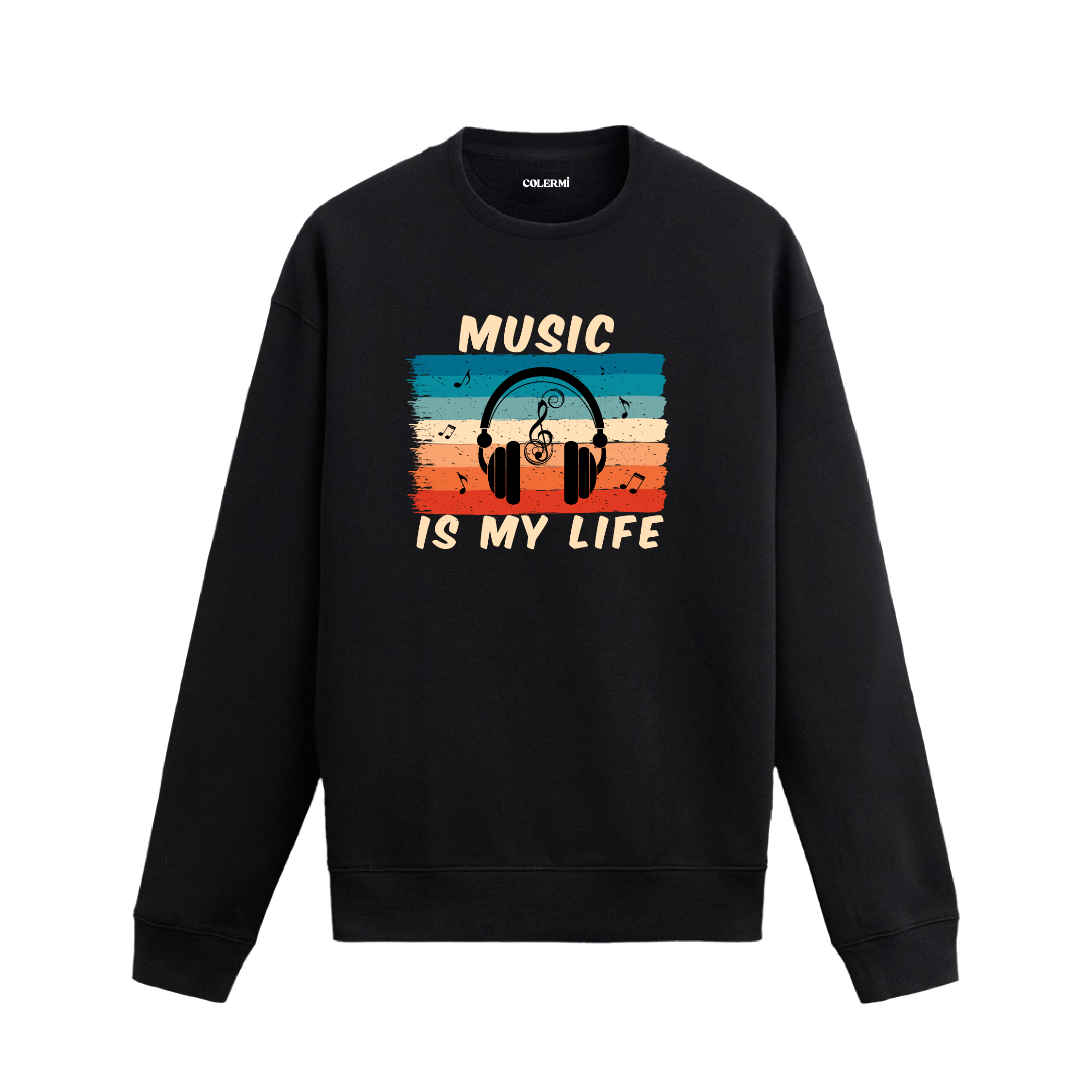 Retro müzik hayattır yazılı, kulaklık ve nota baskılı sweatshirt.