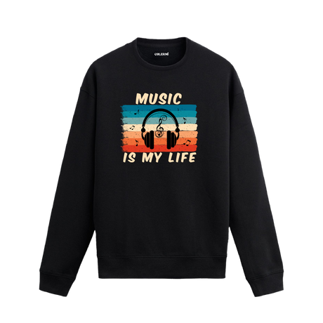 Retro müzik hayattır yazılı, kulaklık ve nota baskılı sweatshirt.