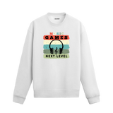 Retro müzik ve oyun temalı, kulaklık ve nota baskılı sweatshirt, “Yeni Seviye” yazılı.