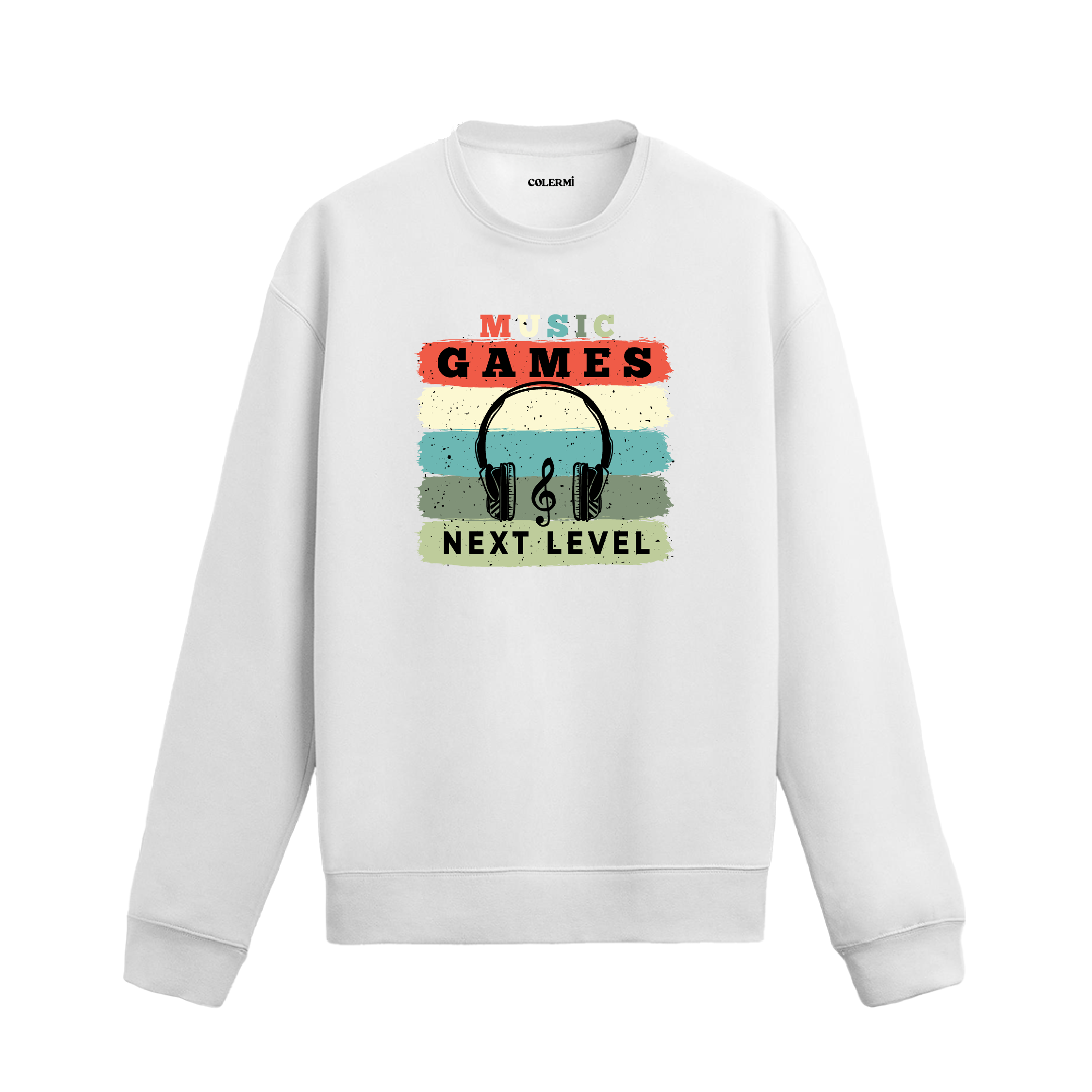 Retro müzik ve oyun temalı, kulaklık ve nota baskılı sweatshirt, “Yeni Seviye” yazılı.