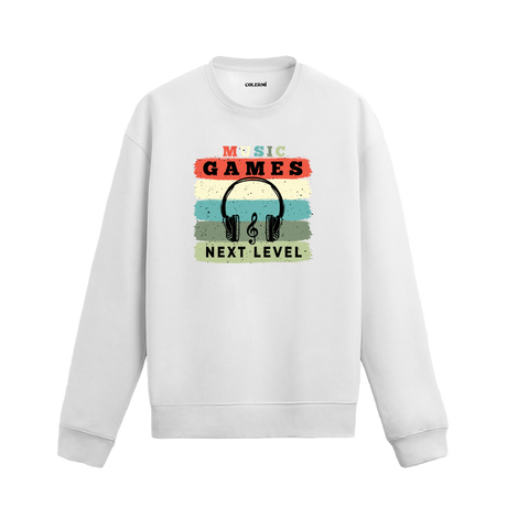 Retro müzik ve oyun temalı, kulaklık ve nota baskılı sweatshirt, “Yeni Seviye” yazılı.