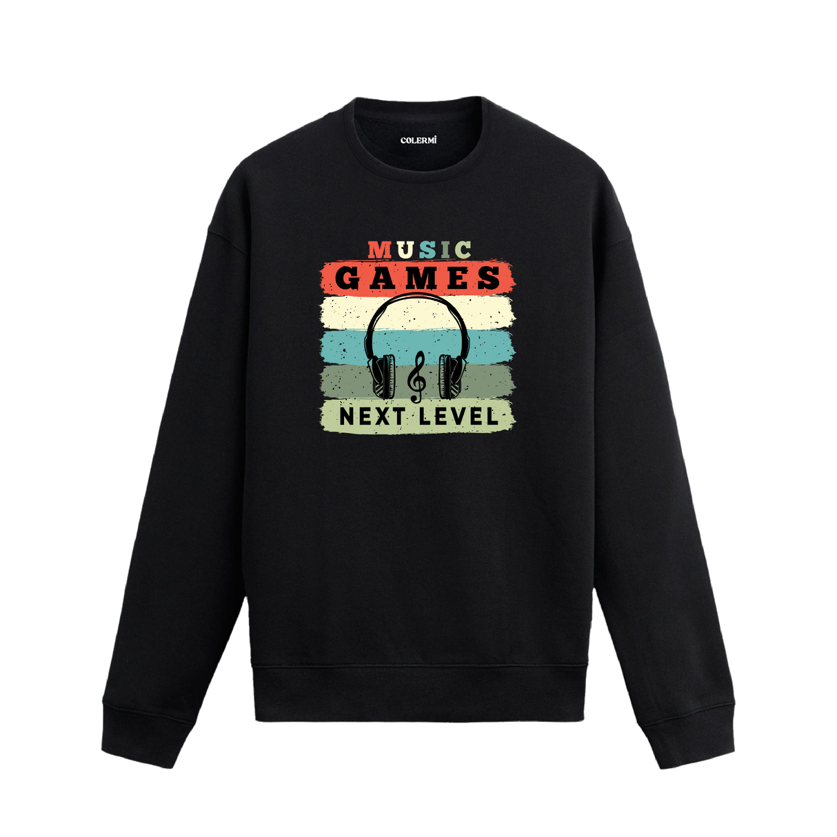 Retro müzik ve oyun temalı, kulaklık ve nota baskılı sweatshirt, “Yeni Seviye” yazılı.