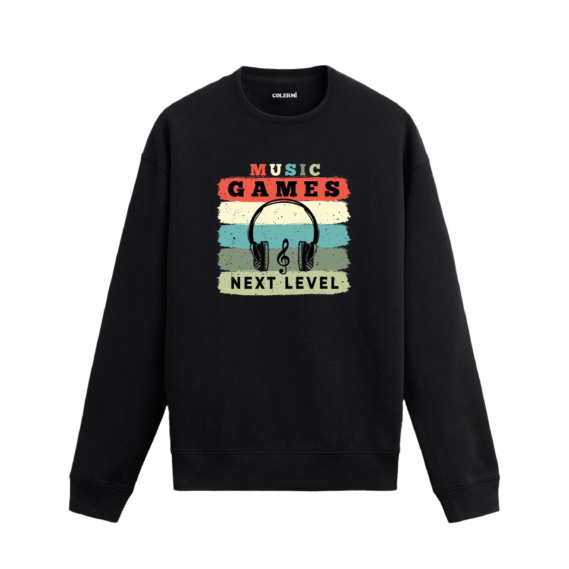 Retro müzik ve oyun temalı, kulaklık ve nota baskılı sweatshirt, “Yeni Seviye” yazılı.