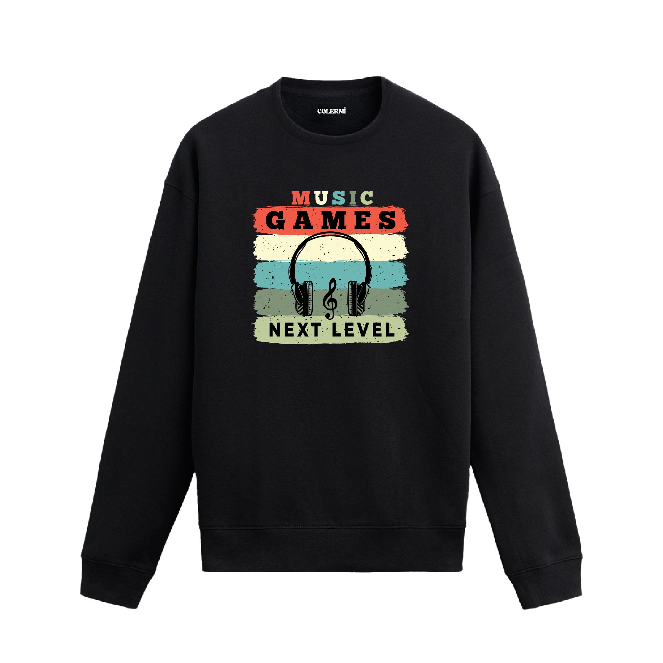 Retro müzik ve oyun temalı, kulaklık ve nota baskılı sweatshirt, “Yeni Seviye” yazılı.