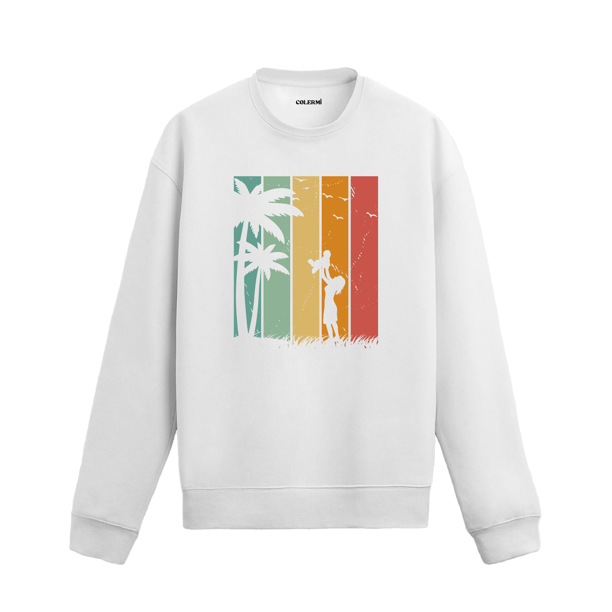 Retro renk blokları üzerinde palmiye ağaçları ve köpeğini havaya kaldıran kadın baskılı beyaz sweatshirt.