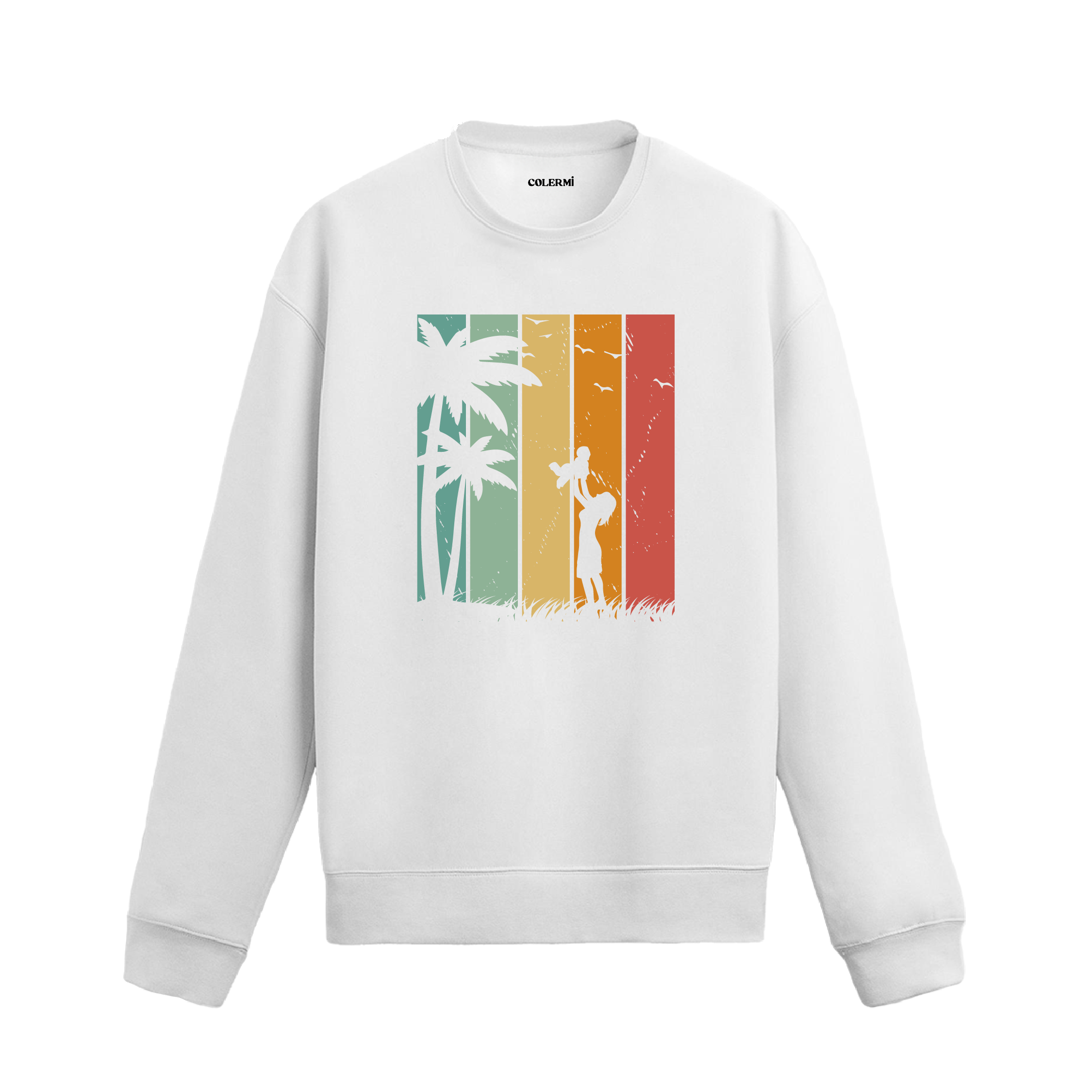Retro renk blokları üzerinde palmiye ağaçları ve köpeğini havaya kaldıran kadın baskılı beyaz sweatshirt.