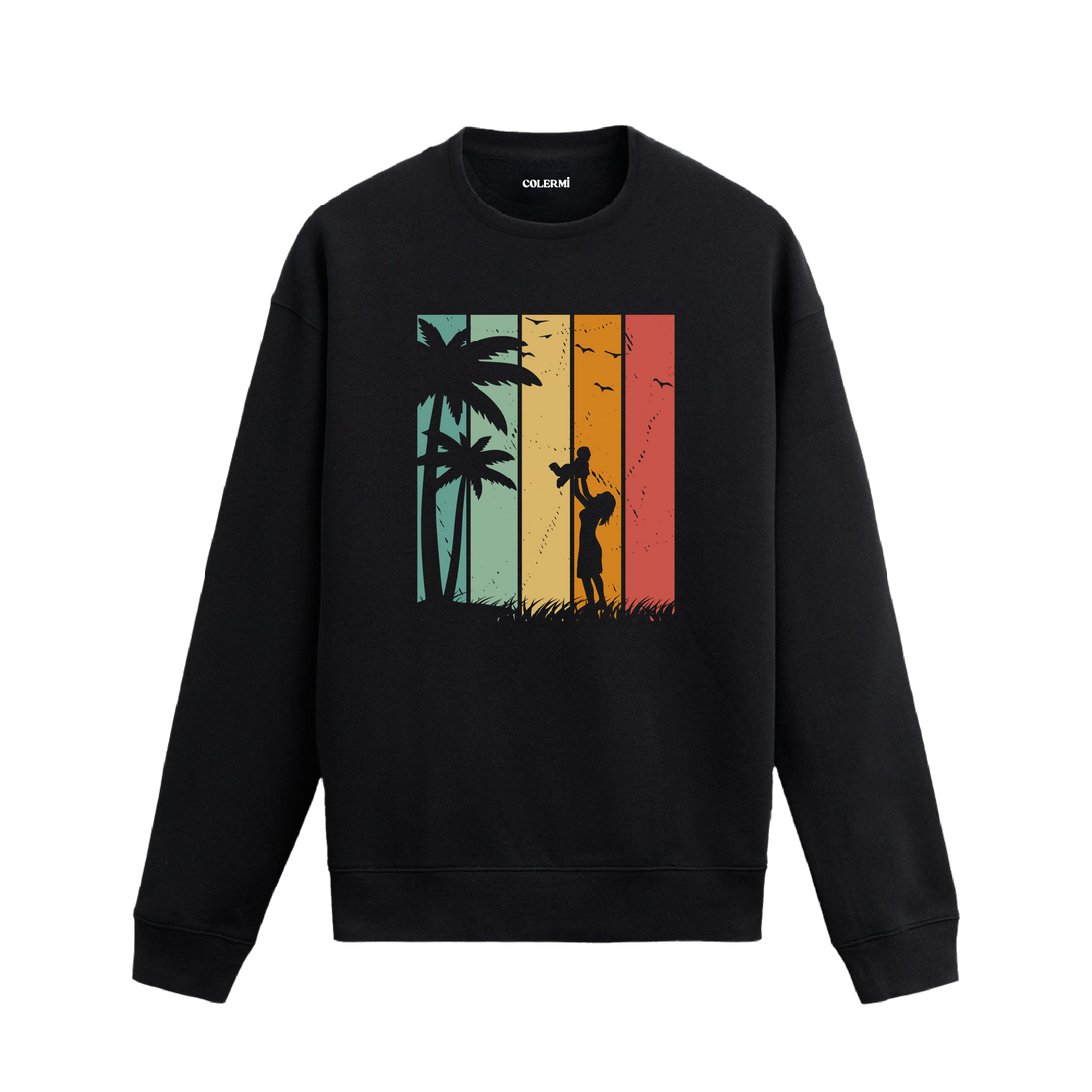 Retro renk blokları üzerinde palmiye ağaçları ve köpeğini havaya kaldıran kadın baskılı siyah sweatshirt.