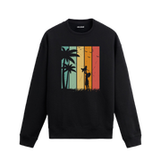 Retro renk blokları üzerinde palmiye ağaçları ve köpeğini havaya kaldıran kadın baskılı siyah sweatshirt.