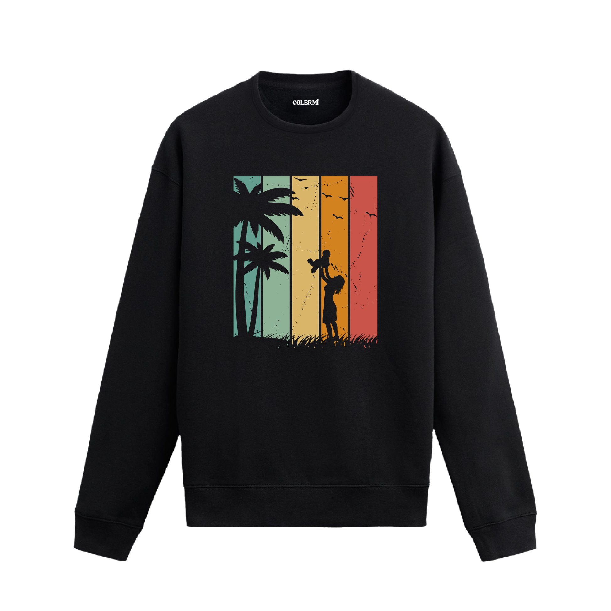 Retro renk blokları üzerinde palmiye ağaçları ve köpeğini havaya kaldıran kadın baskılı siyah sweatshirt.
