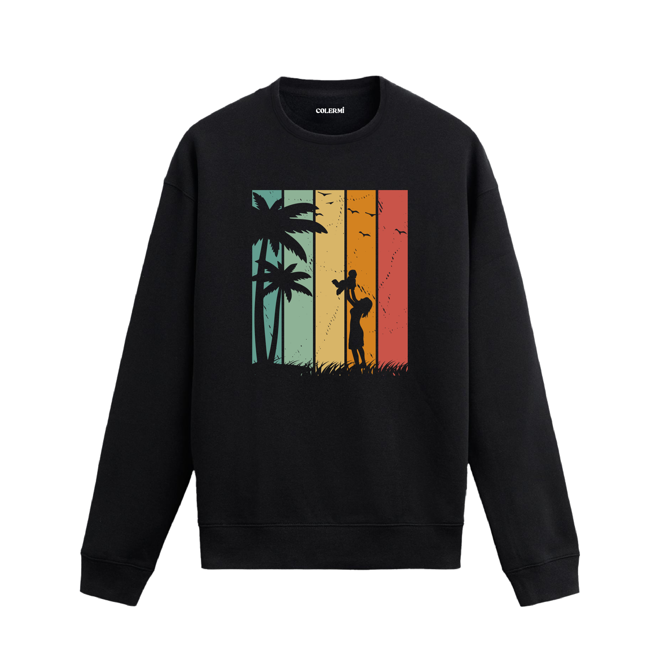 Retro renk blokları üzerinde palmiye ağaçları ve köpeğini havaya kaldıran kadın baskılı siyah sweatshirt.