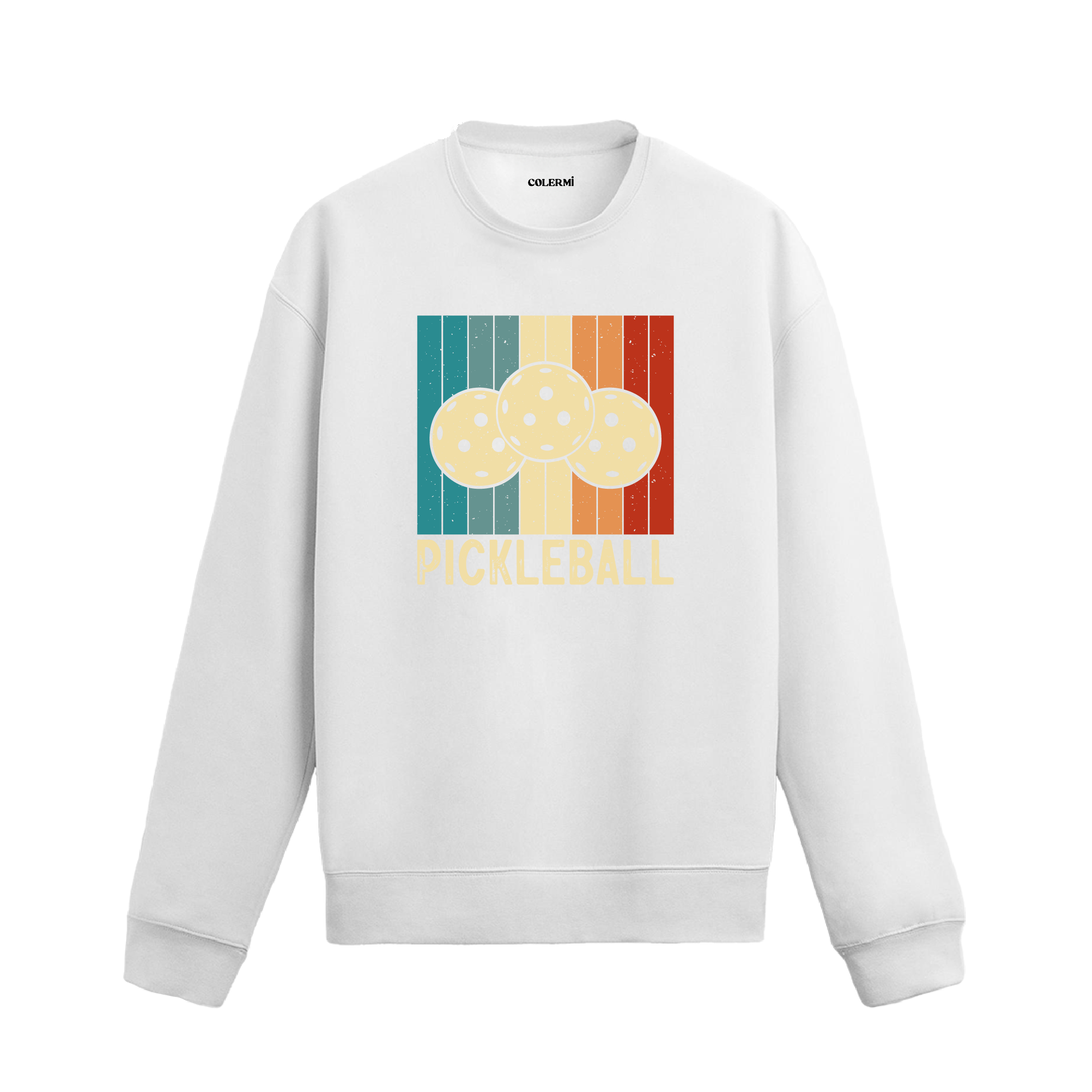 Renkli retro bloklar üzerinde pickleball topları baskılı beyaz sweatshirt.