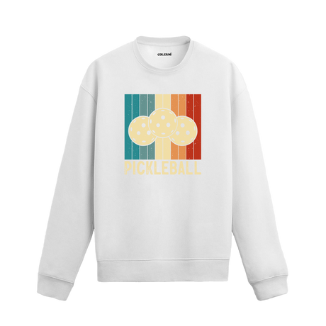 Renkli retro bloklar üzerinde pickleball topları baskılı beyaz sweatshirt.