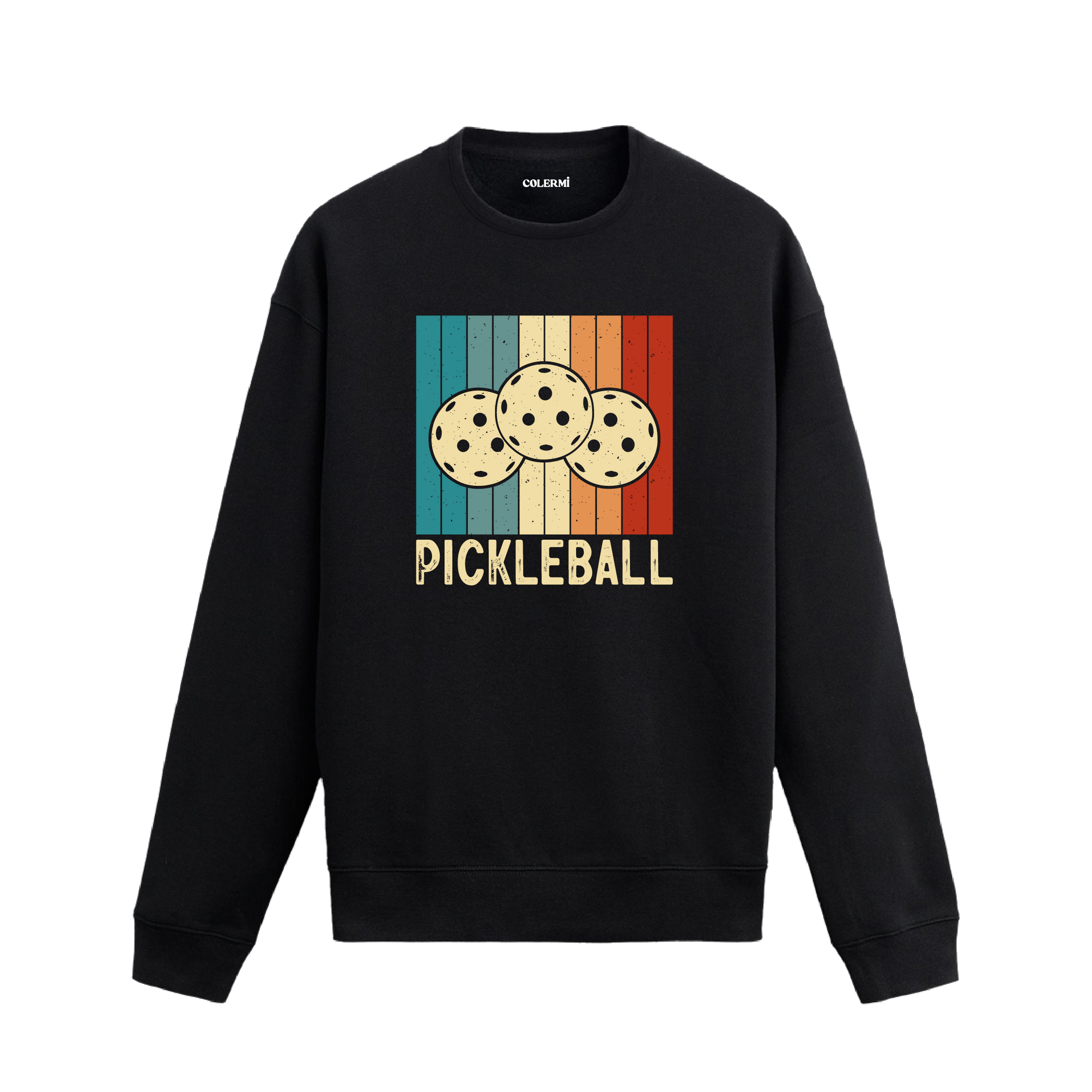 Renkli retro bloklar üzerinde pickleball topları baskılı siyah sweatshirt.