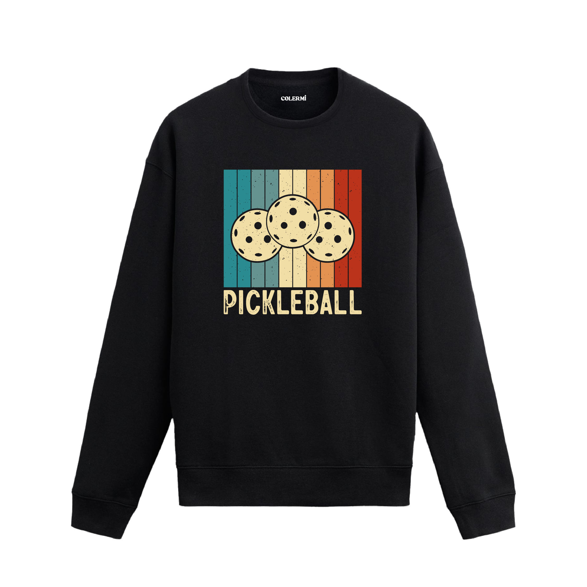 Renkli retro bloklar üzerinde pickleball topları baskılı siyah sweatshirt.