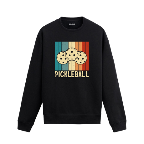 Renkli retro bloklar üzerinde pickleball topları baskılı siyah sweatshirt.