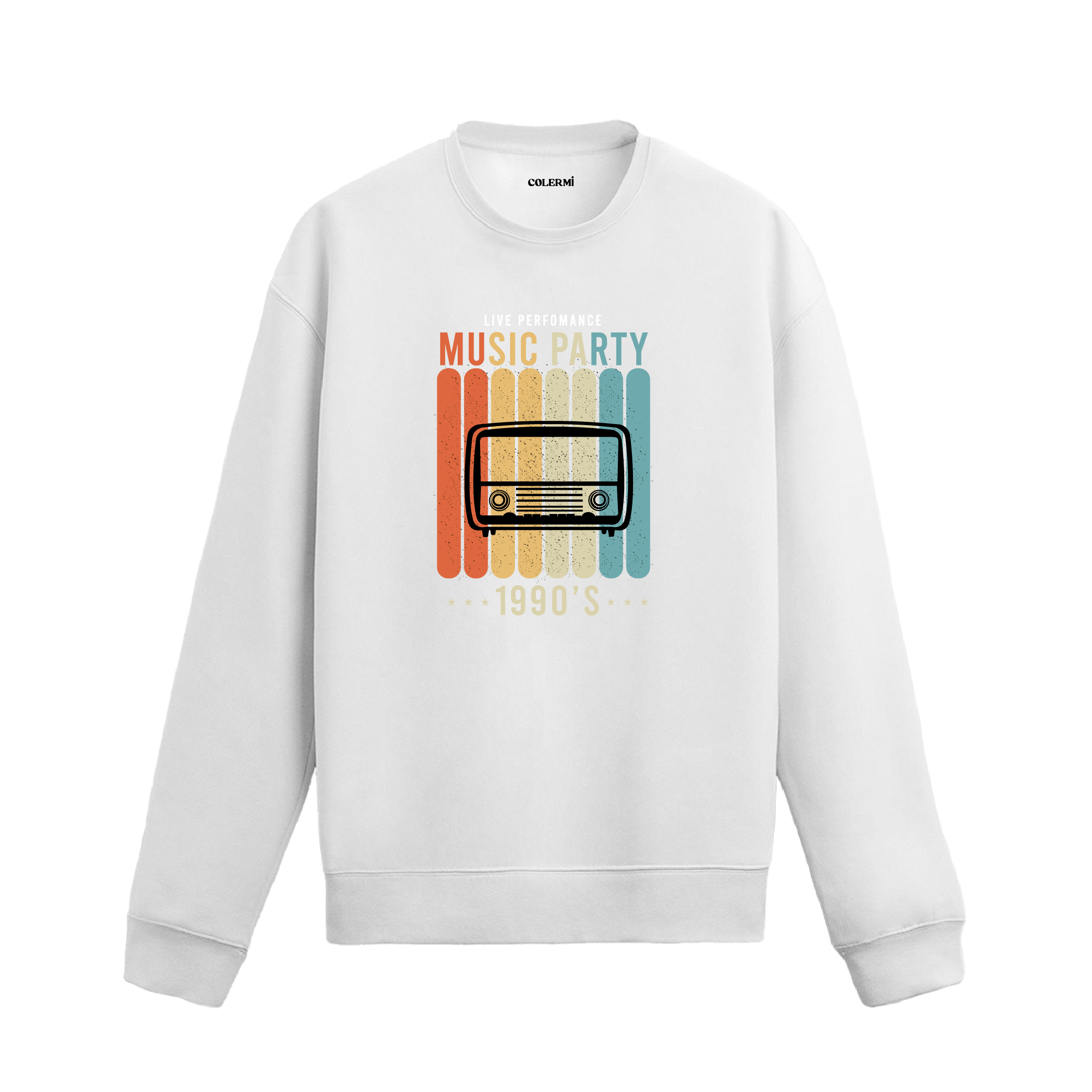 1990’lar temalı, eski radyo illüstrasyonlu retro renk şeritli beyaz sweatshirt