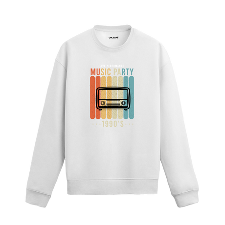 1990’lar temalı, eski radyo illüstrasyonlu retro renk şeritli beyaz sweatshirt