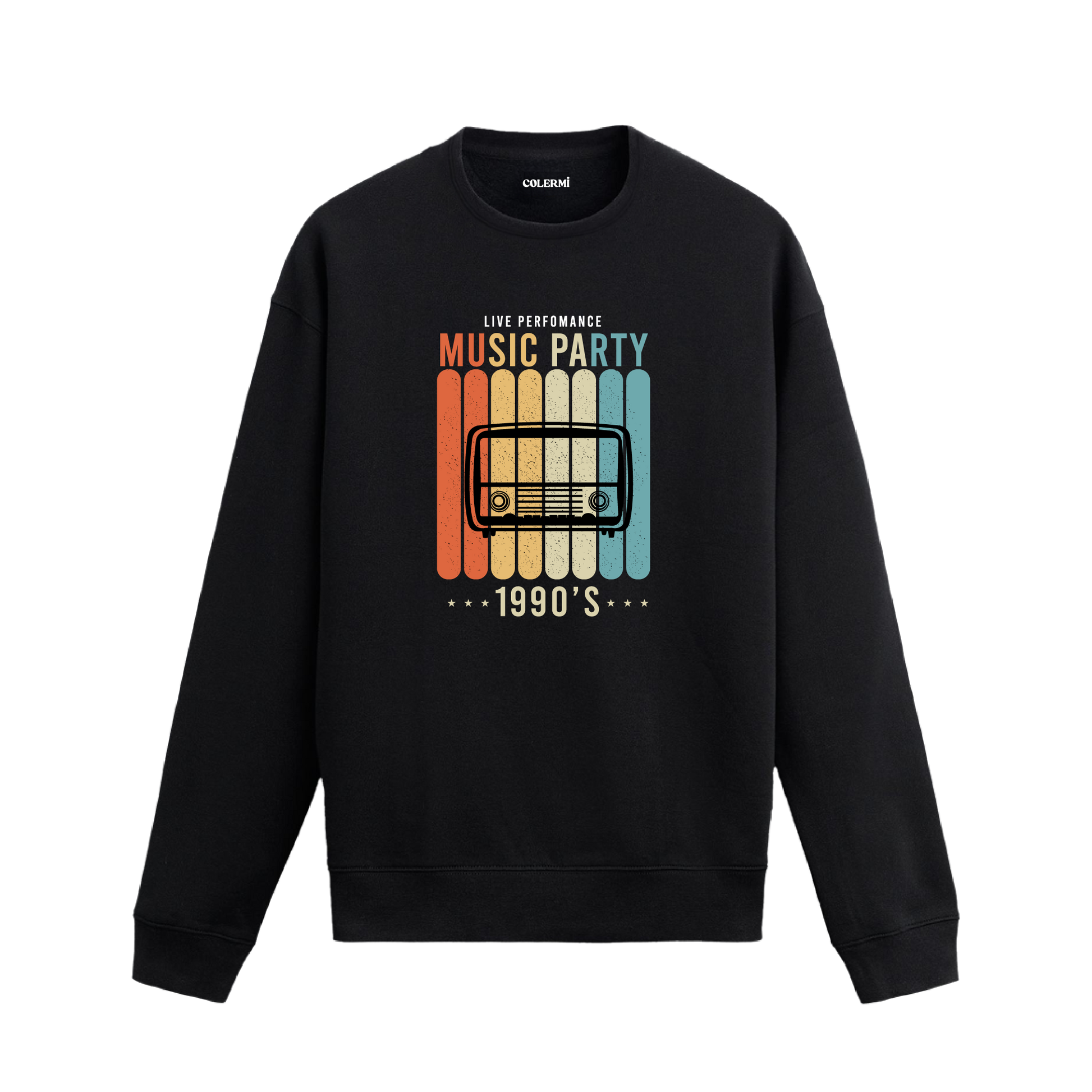 1990’lar temalı, eski radyo illüstrasyonlu retro renk şeritli siyah sweatshirt