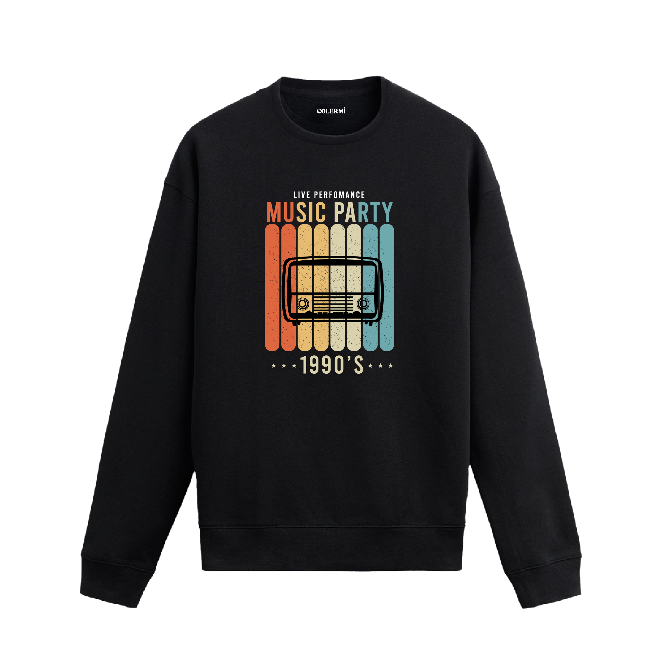 1990’lar temalı, eski radyo illüstrasyonlu retro renk şeritli siyah sweatshirt