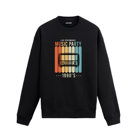 1990’lar temalı, eski radyo illüstrasyonlu retro renk şeritli siyah sweatshirt