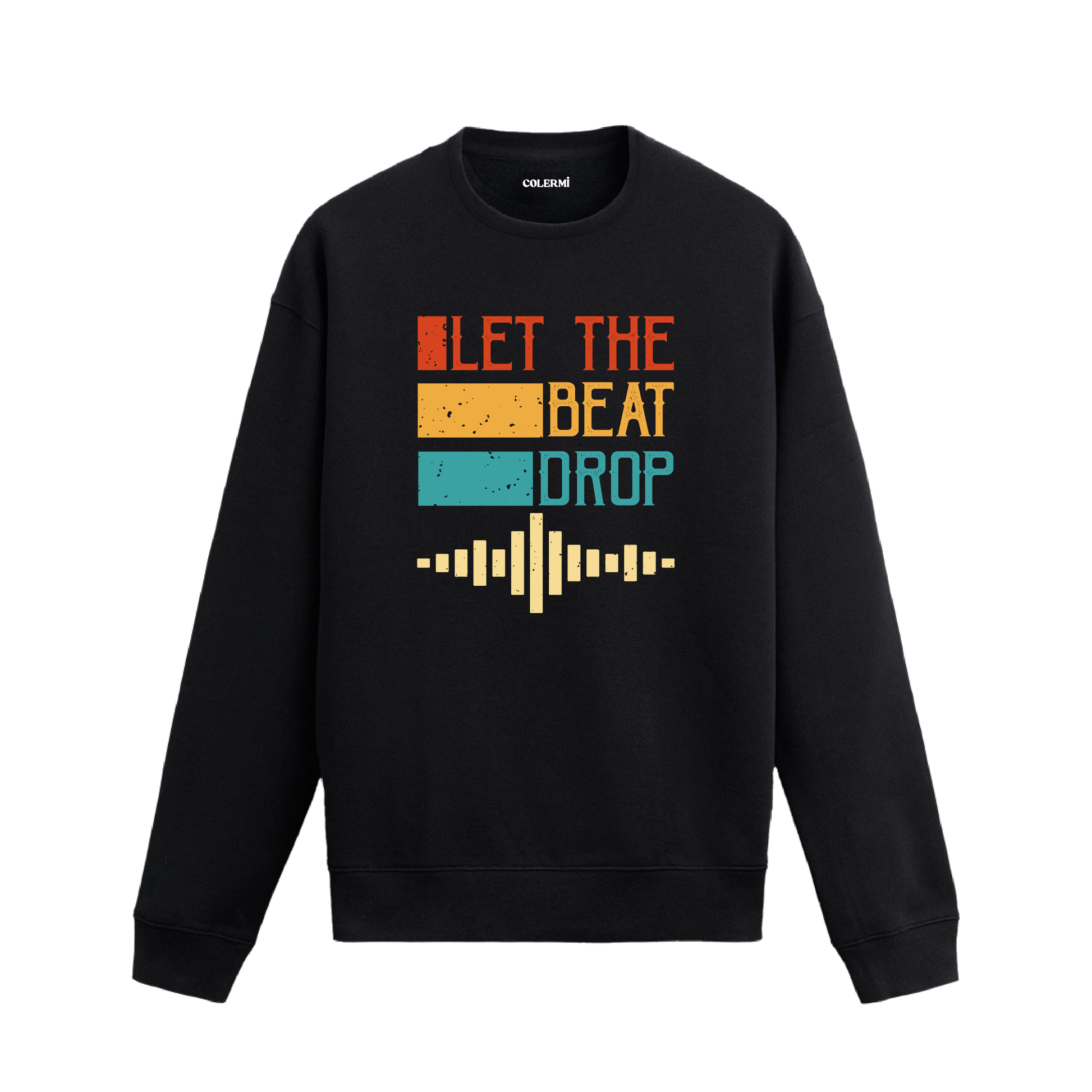 Ritmi Hisset yazısı ve ses dalgaları baskılı retro sweatshirt.