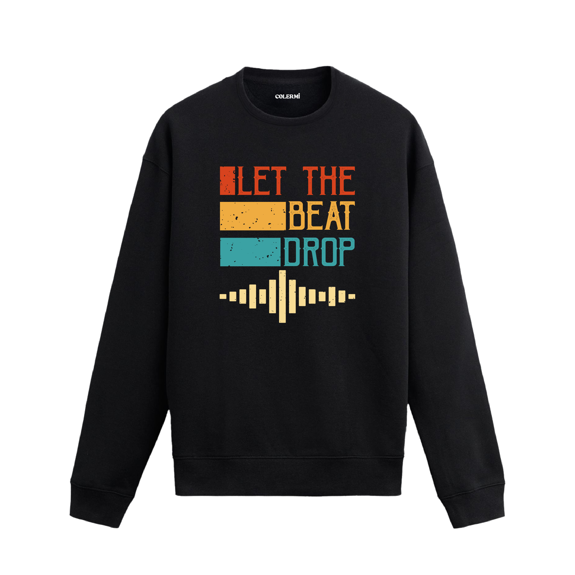 Ritmi Hisset yazısı ve ses dalgaları baskılı retro sweatshirt.