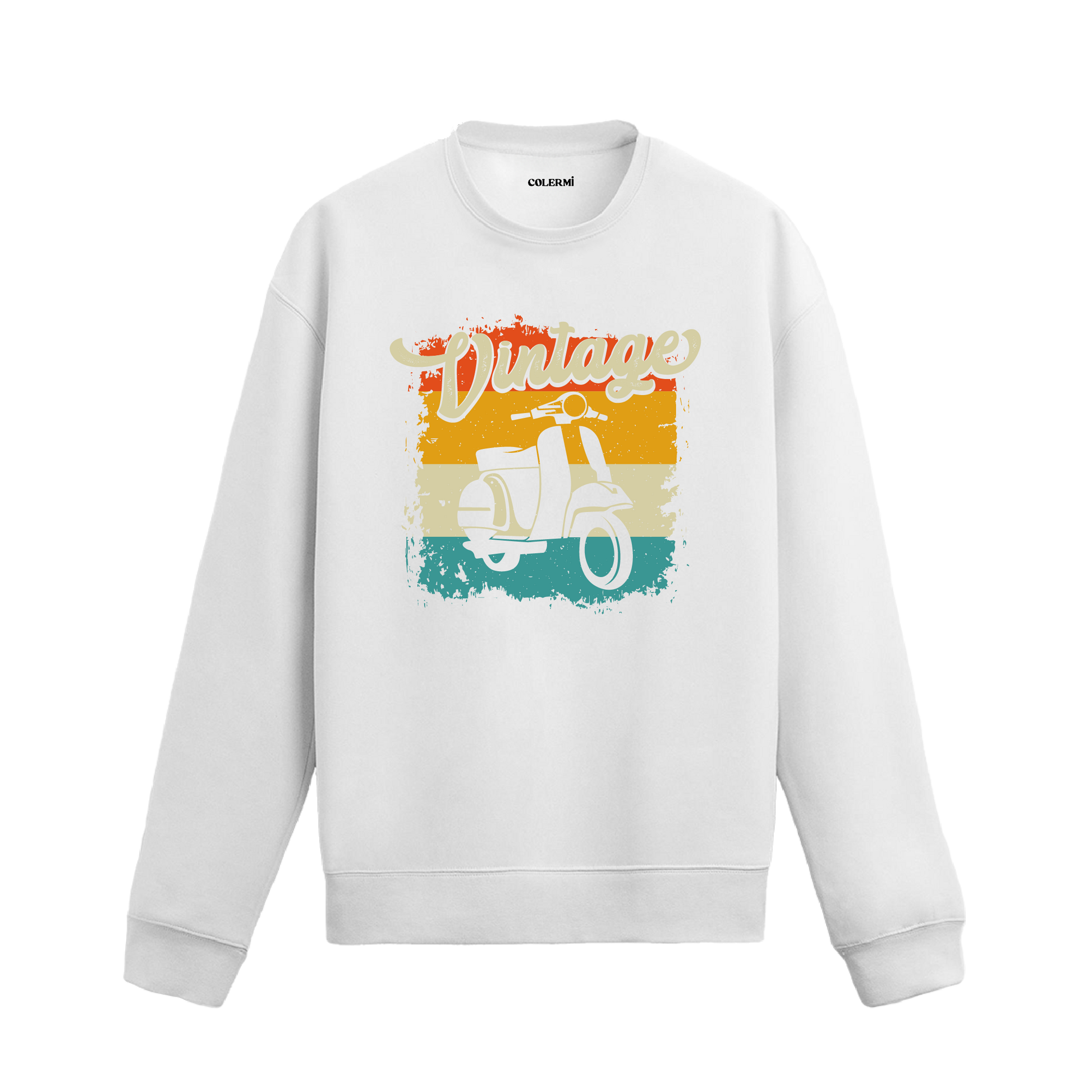 Retro scooter baskılı, vintage esintili sweatshirt.