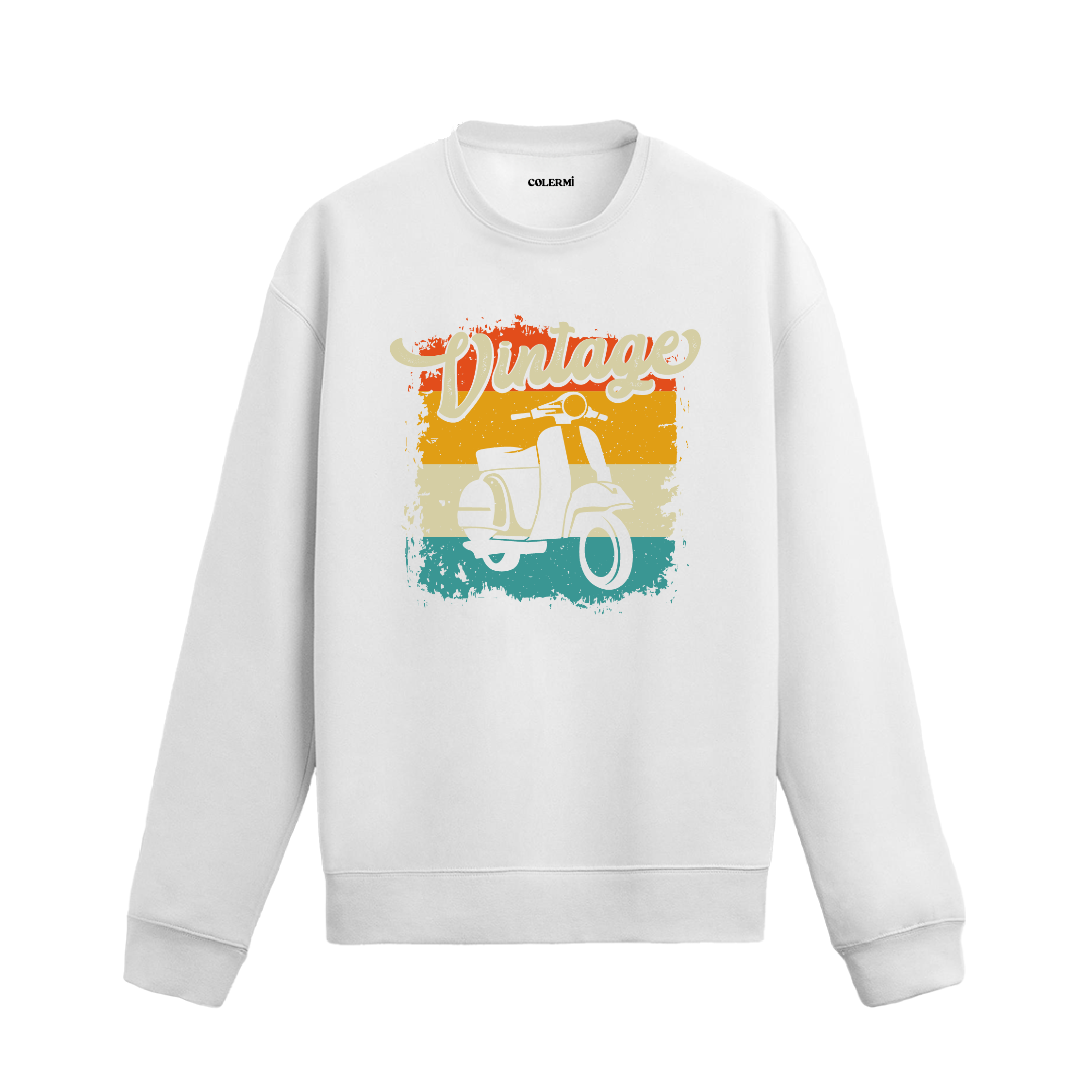 Retro scooter baskılı, vintage esintili sweatshirt.
