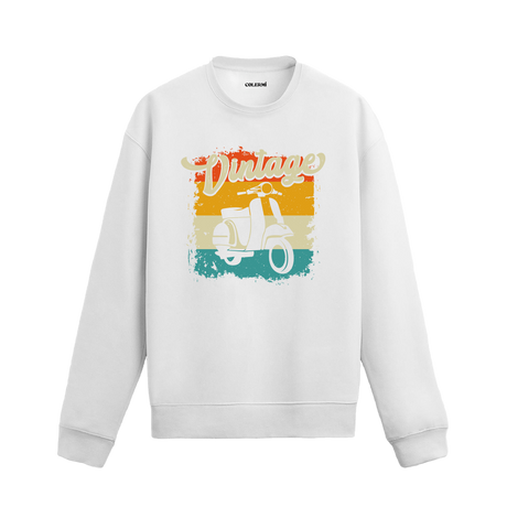 Retro scooter baskılı, vintage esintili sweatshirt.