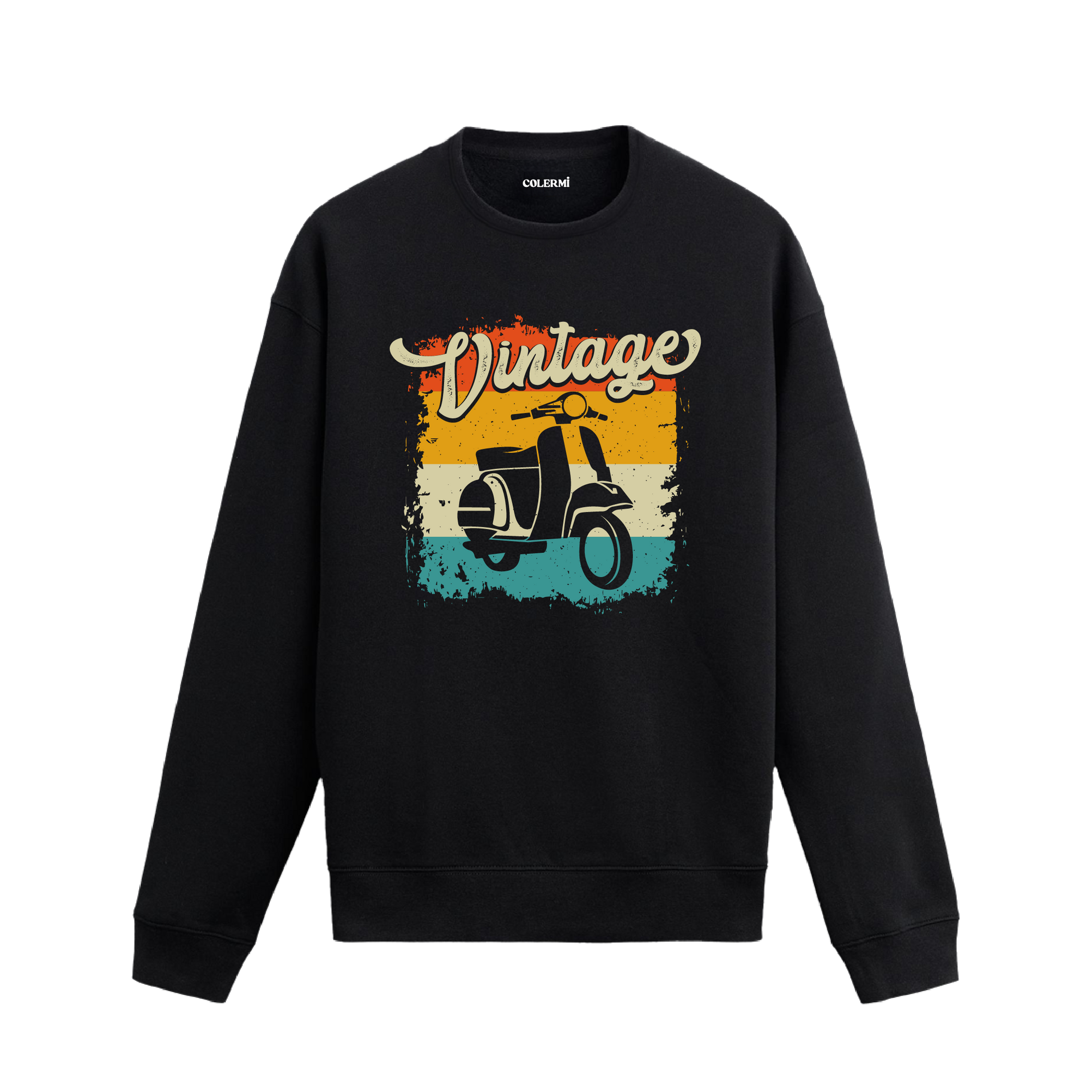 Retro scooter baskılı, vintage esintili sweatshirt.