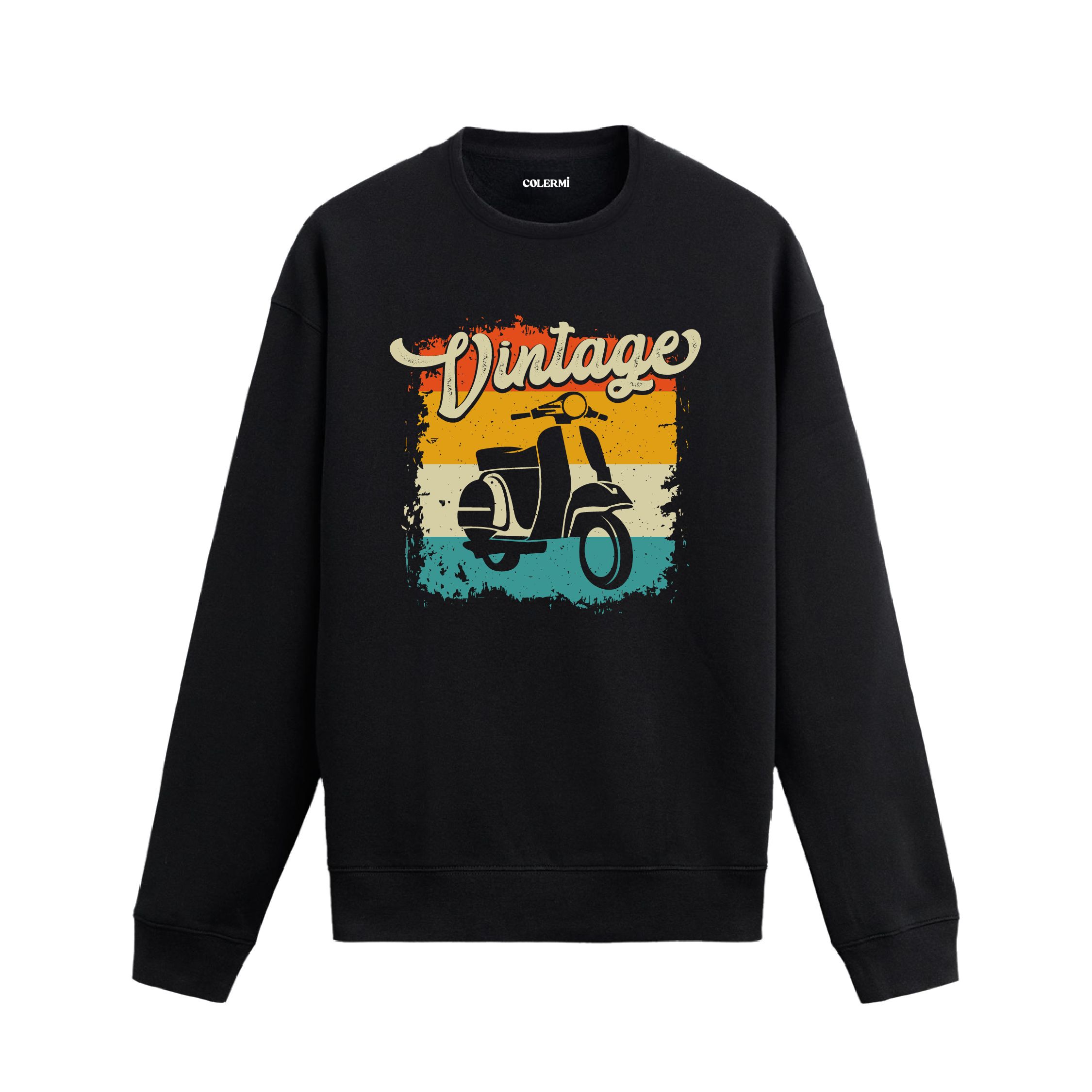 Retro scooter baskılı, vintage esintili sweatshirt.