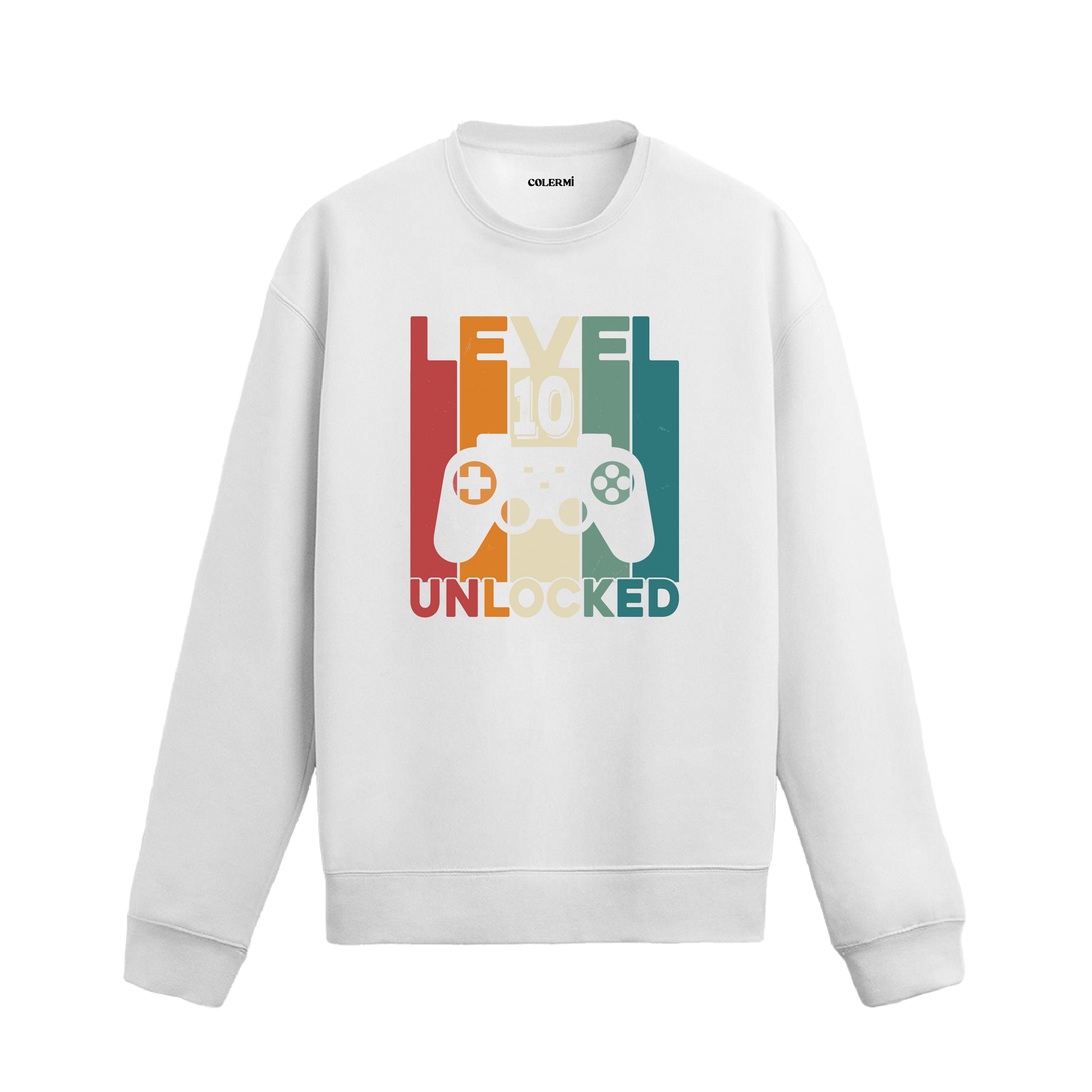 Retro renk blokları üzerinde oyun konsolu ve “Seviye 10 Açıldı” yazılı siyah sweatshirt.