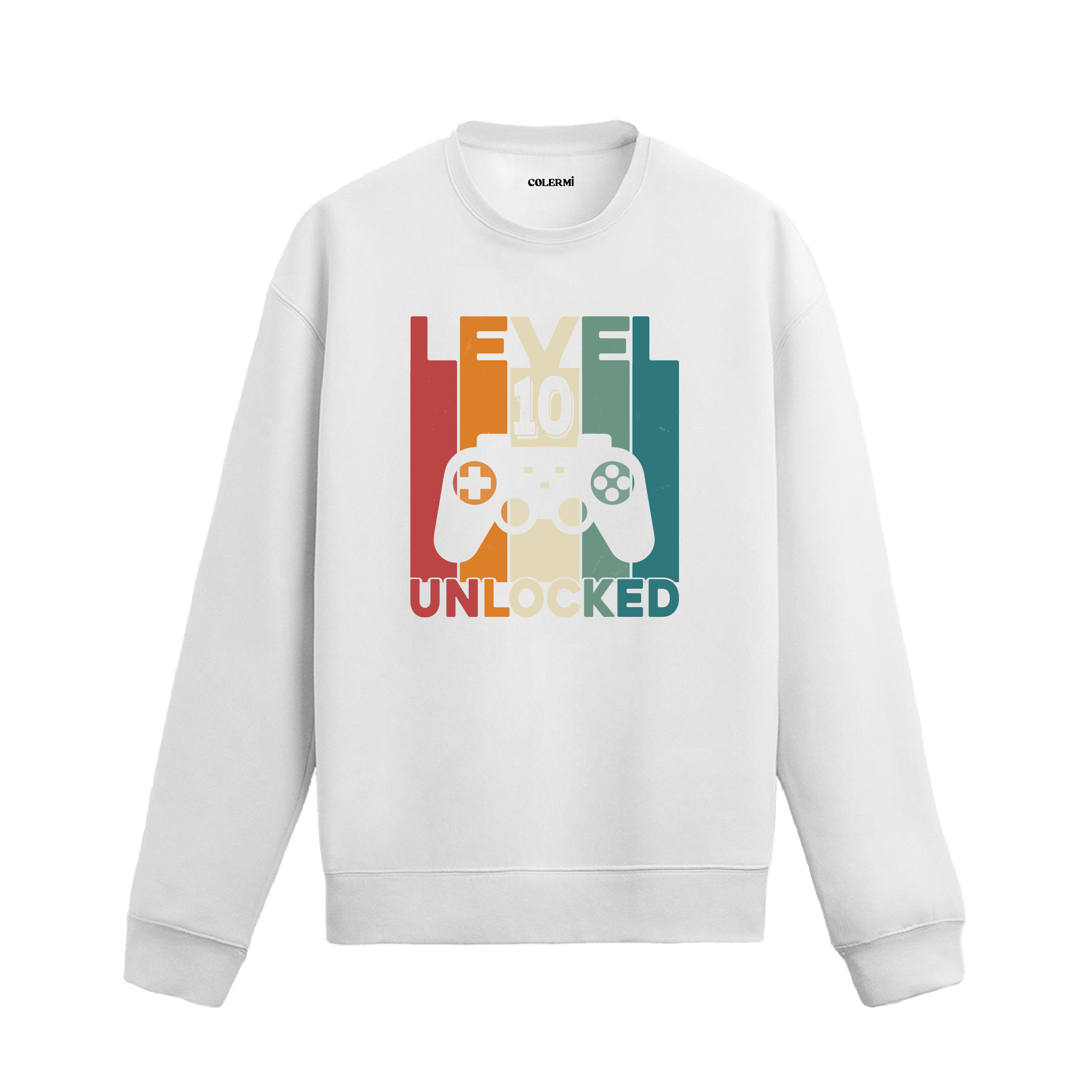 Retro renk blokları üzerinde oyun konsolu ve “Seviye 10 Açıldı” yazılı siyah sweatshirt.