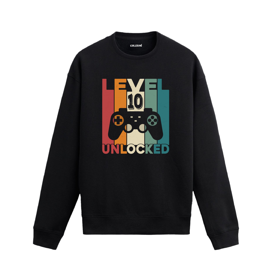 Retro renk blokları üzerinde oyun konsolu ve “Seviye 10 Açıldı” yazılı siyah sweatshirt.