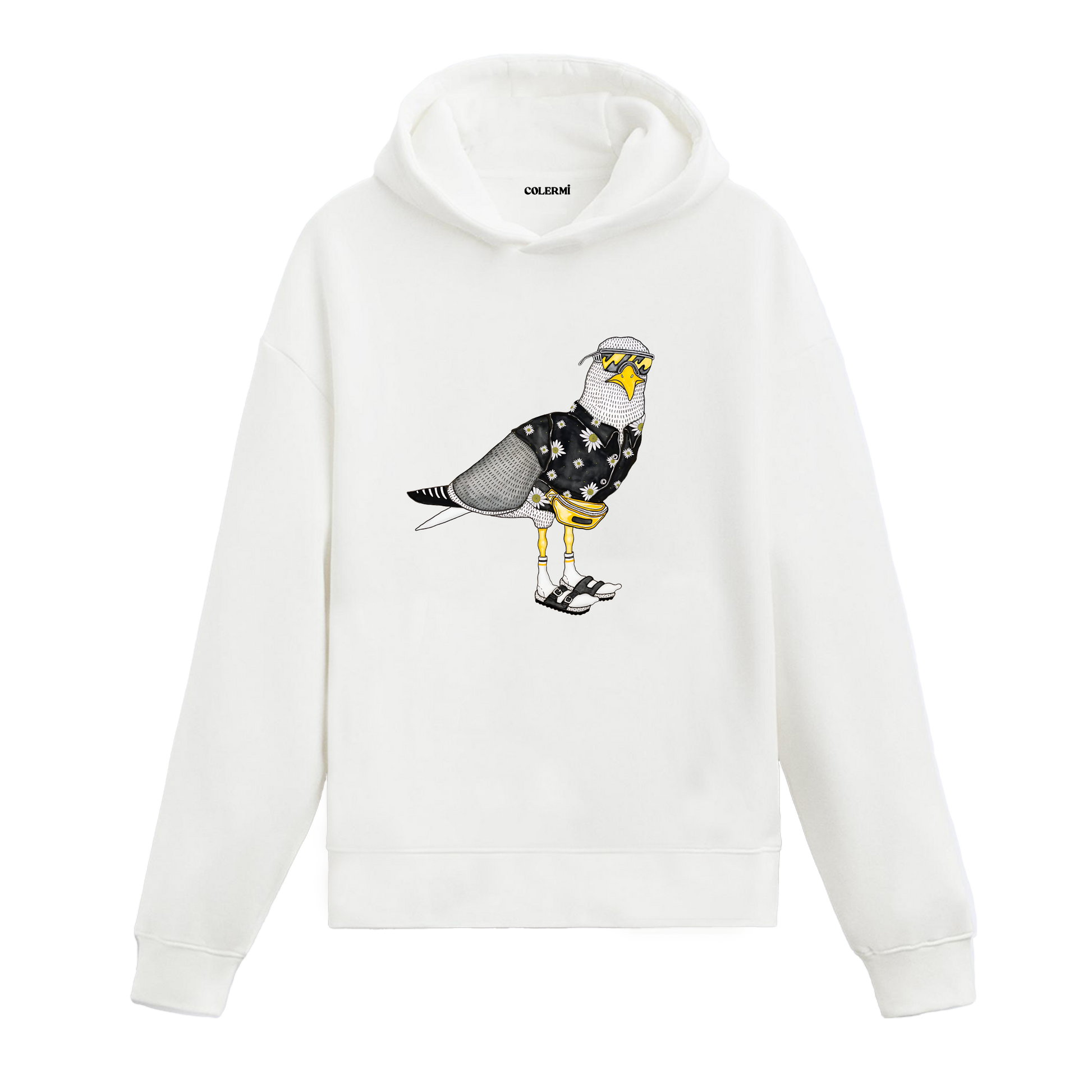 Sokak tarzı aksesuarlarla yorumlanmış güvercin tasarım baskılı beyaz hoodie