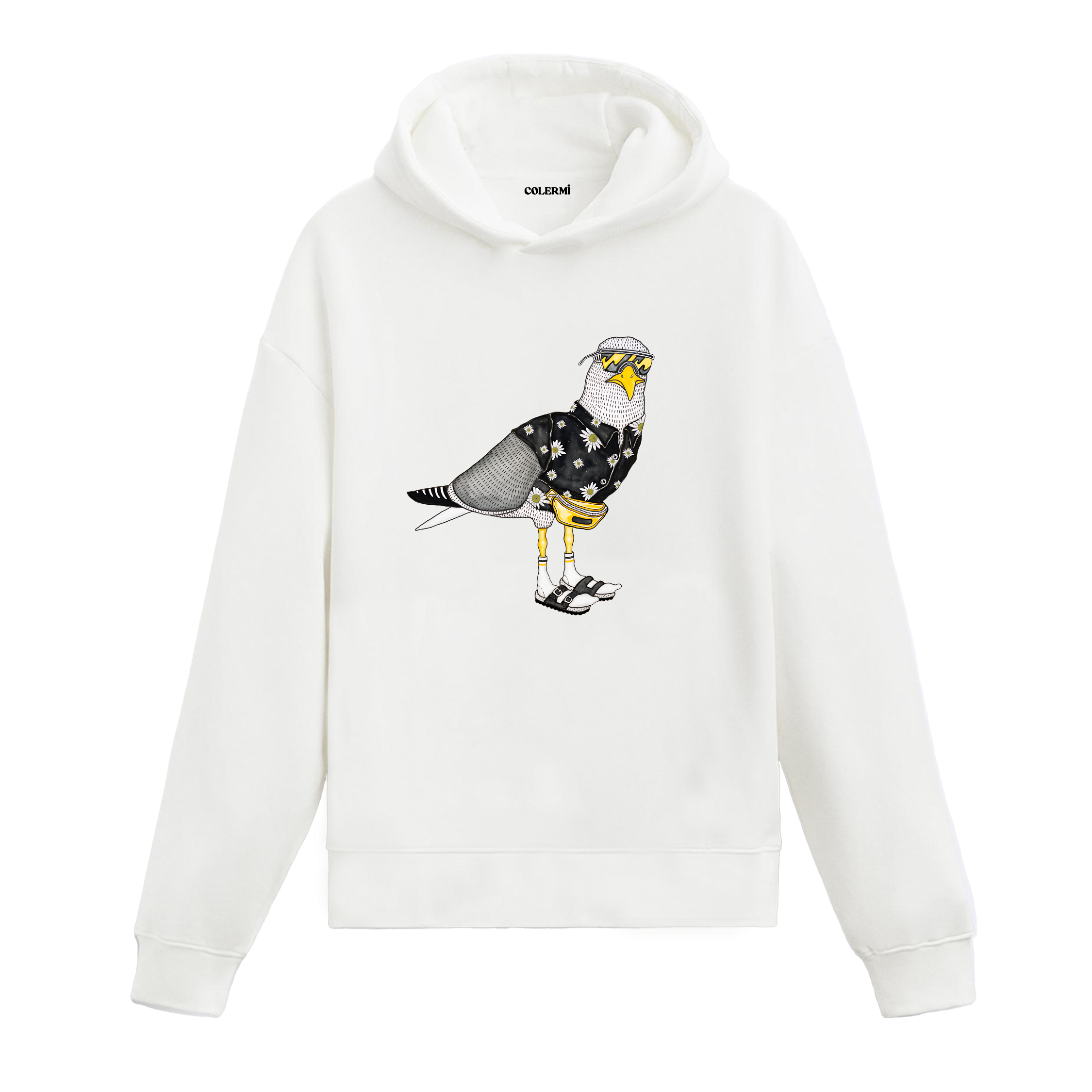 Sokak tarzı aksesuarlarla yorumlanmış güvercin tasarım baskılı beyaz hoodie