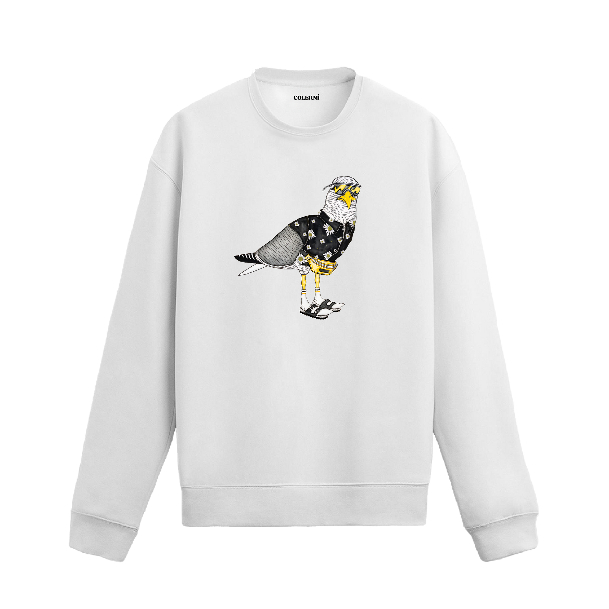 Sokak tarzı aksesuarlarla yorumlanmış güvercin tasarım baskılı beyaz sweatshirt