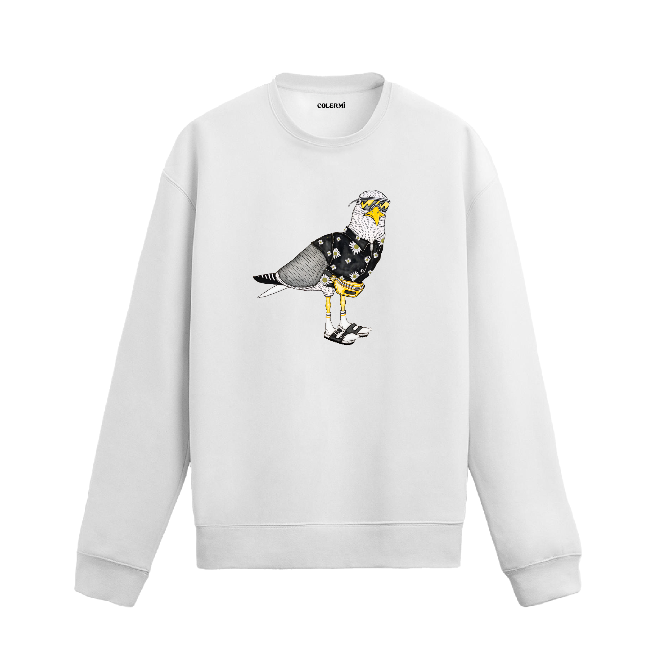Sokak tarzı aksesuarlarla yorumlanmış güvercin tasarım baskılı beyaz sweatshirt