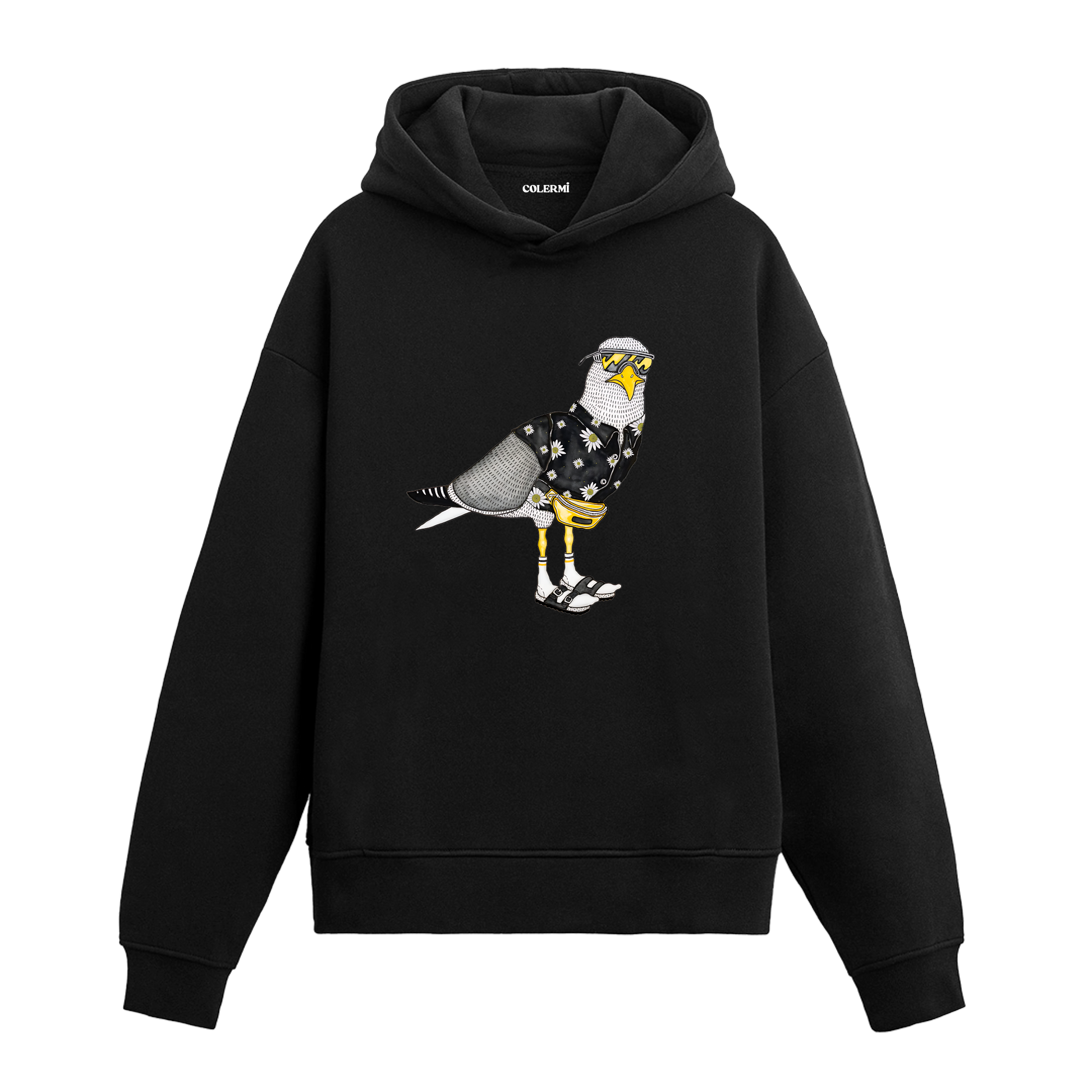 Sokak tarzı aksesuarlarla yorumlanmış güvercin tasarım baskılı siyah hoodie