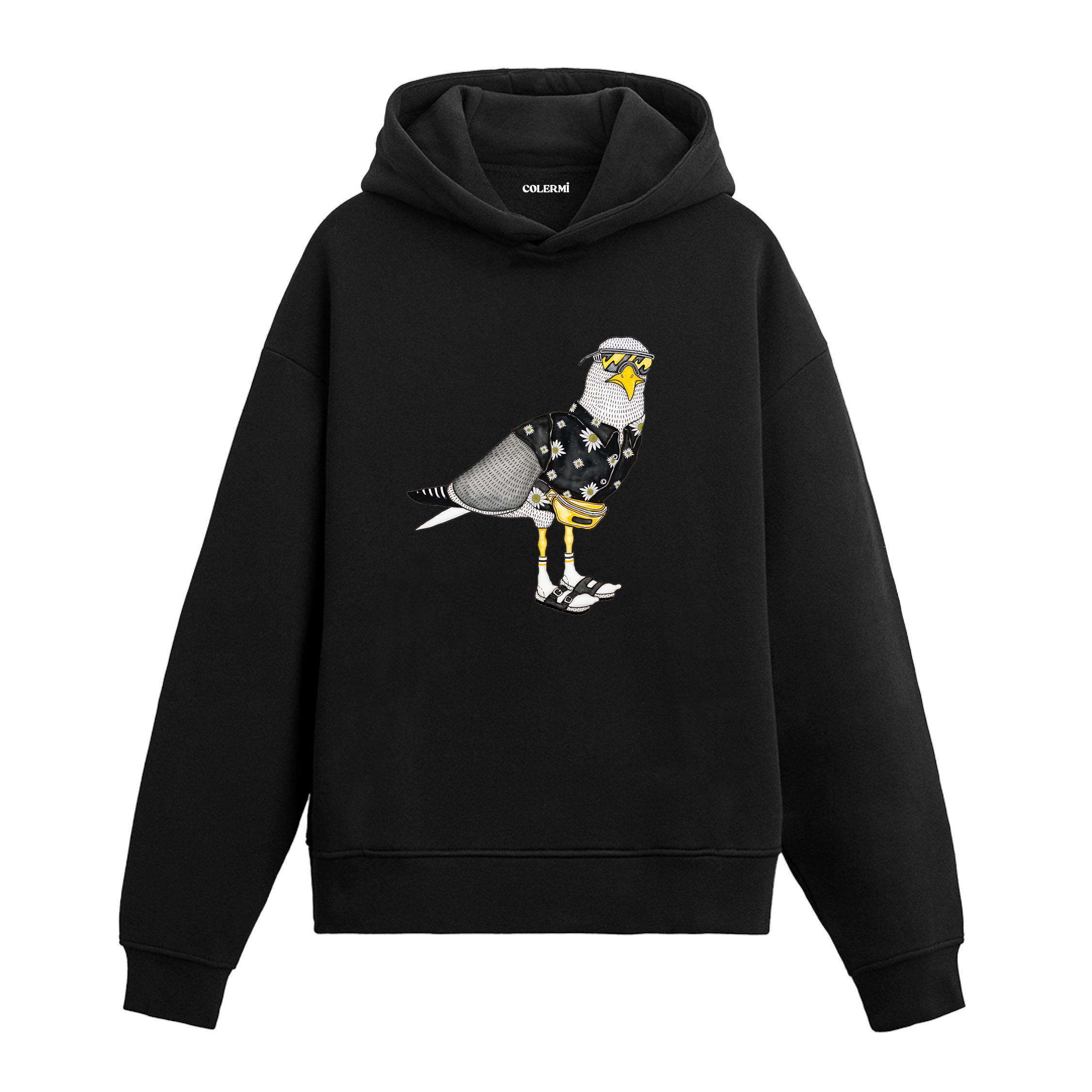 Sokak tarzı aksesuarlarla yorumlanmış güvercin tasarım baskılı siyah hoodie