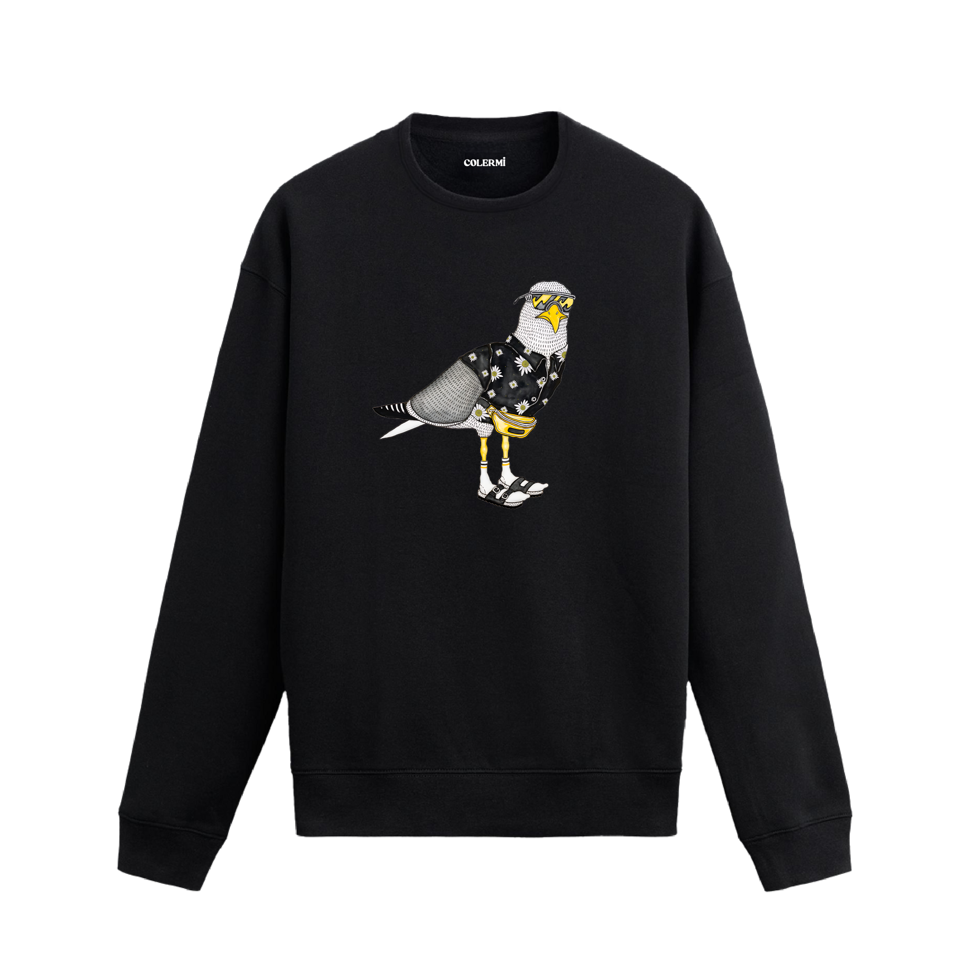 Sokak tarzı aksesuarlarla yorumlanmış güvercin tasarım baskılı siyah sweatshirt