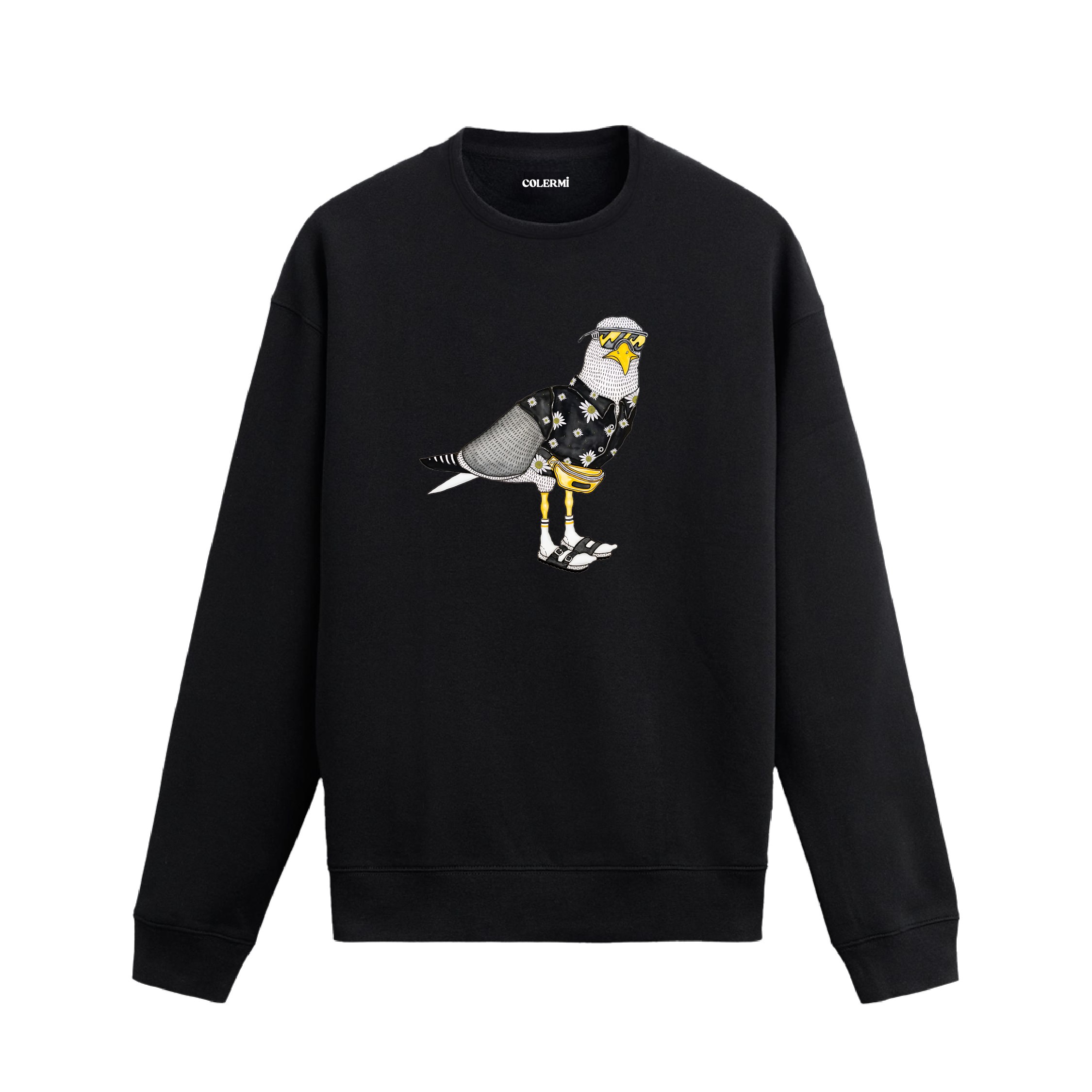 Sokak tarzı aksesuarlarla yorumlanmış güvercin tasarım baskılı siyah sweatshirt