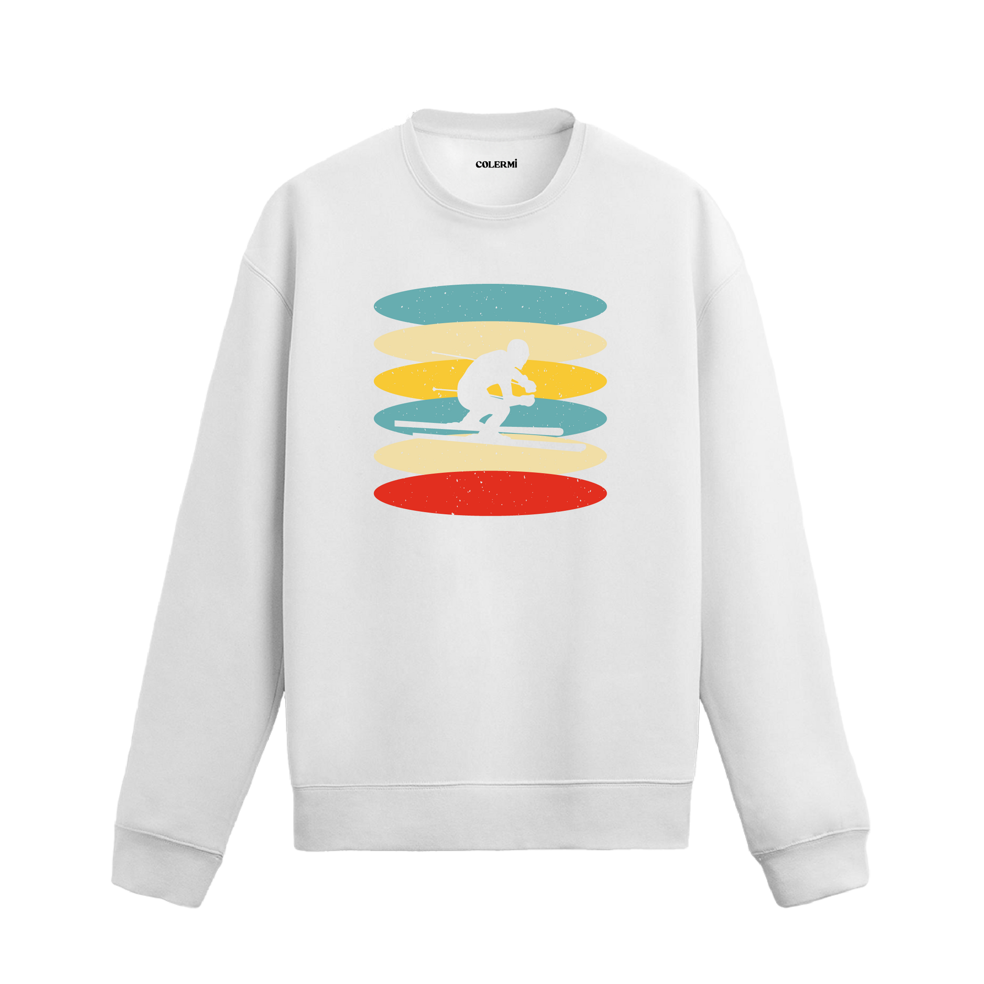 Retro renk tonlarında sörfçü baskılı sweatshirt.