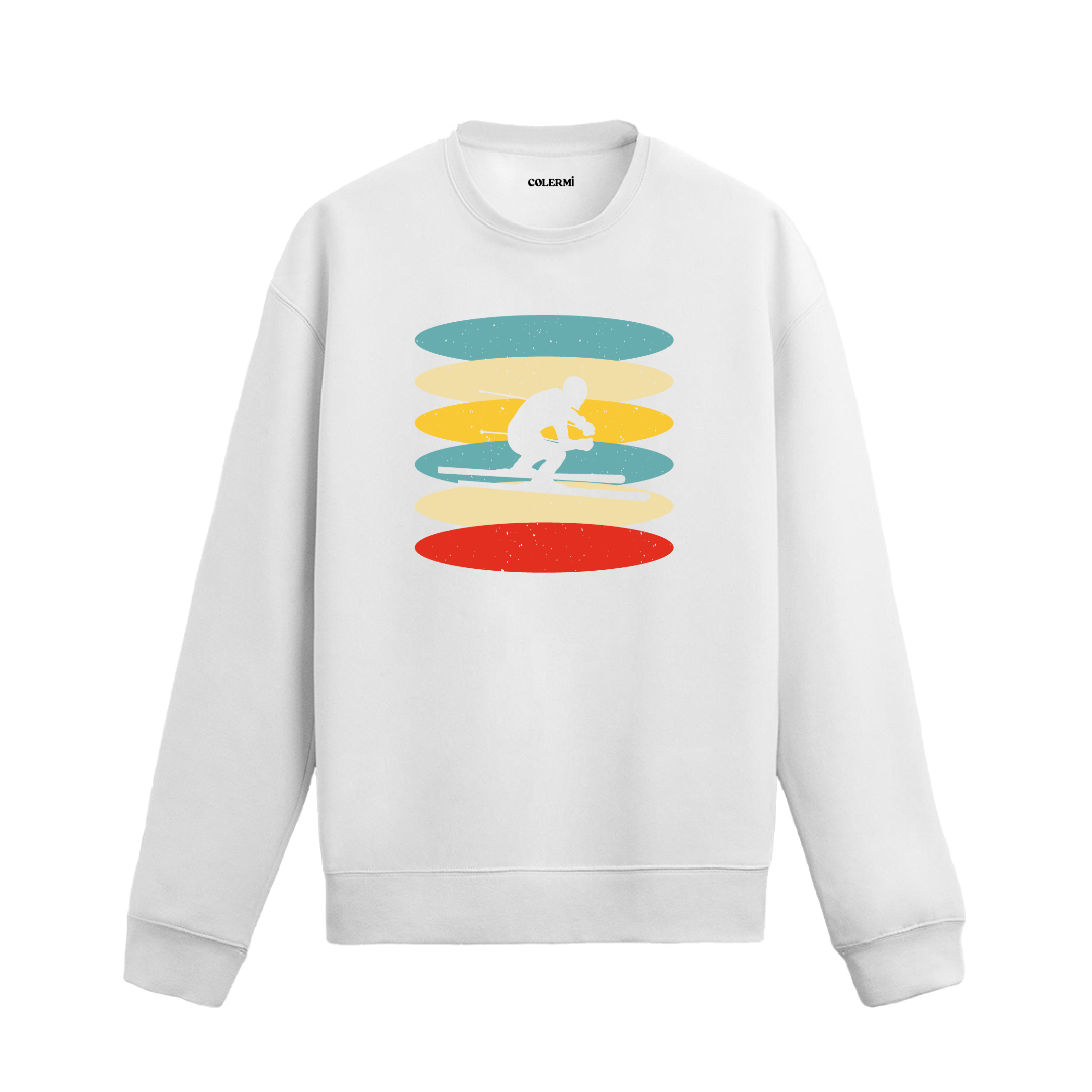 Retro renk tonlarında sörfçü baskılı sweatshirt.