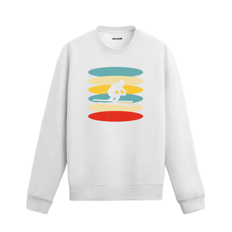 Retro renk tonlarında sörfçü baskılı sweatshirt.