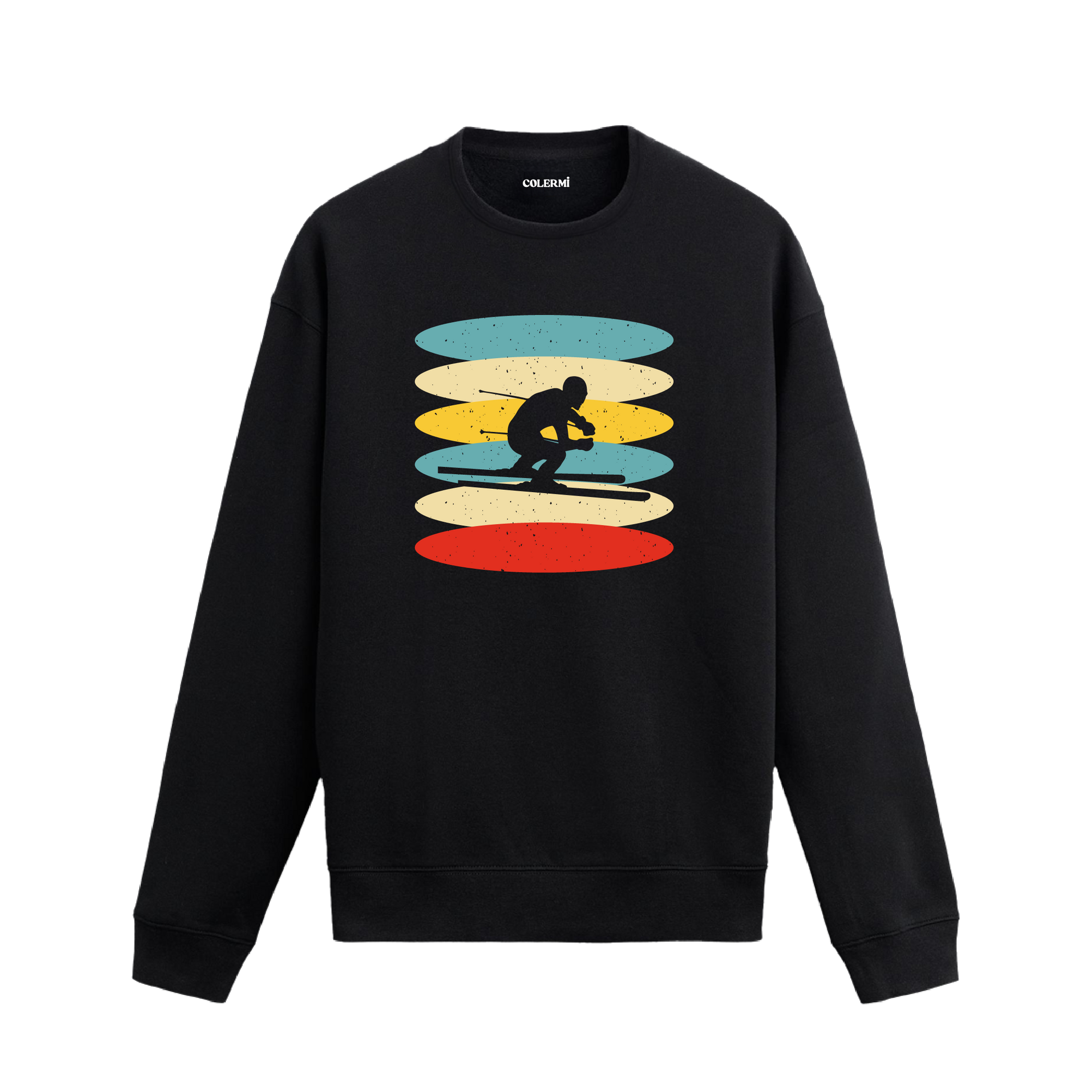Retro renk tonlarında sörfçü baskılı sweatshirt.