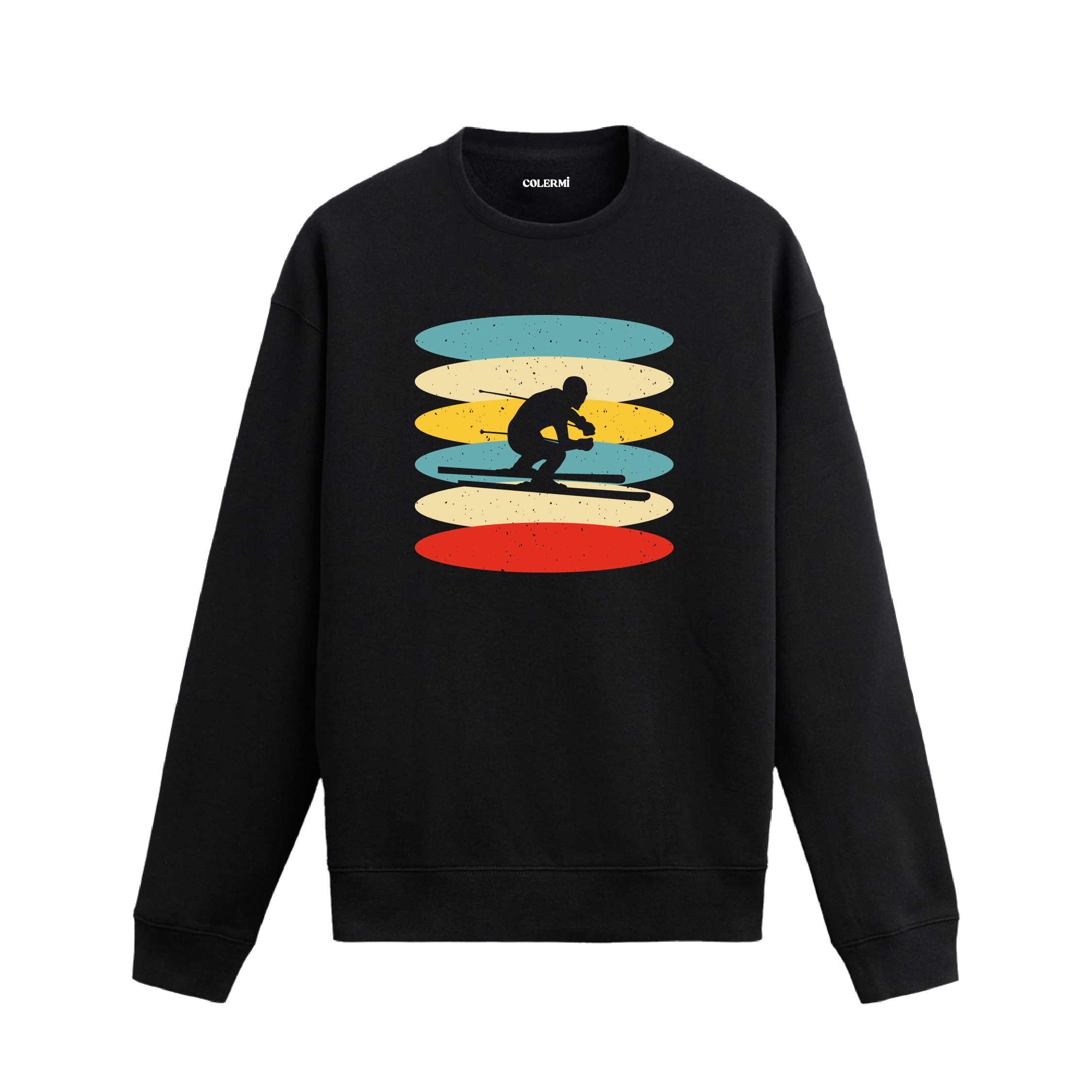 Retro renk tonlarında sörfçü baskılı sweatshirt.