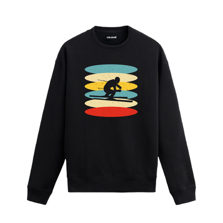 Retro renk tonlarında sörfçü baskılı sweatshirt.