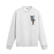 Retro telefon kulübesi ve çanta detaylı sweatshirt tasarımı.